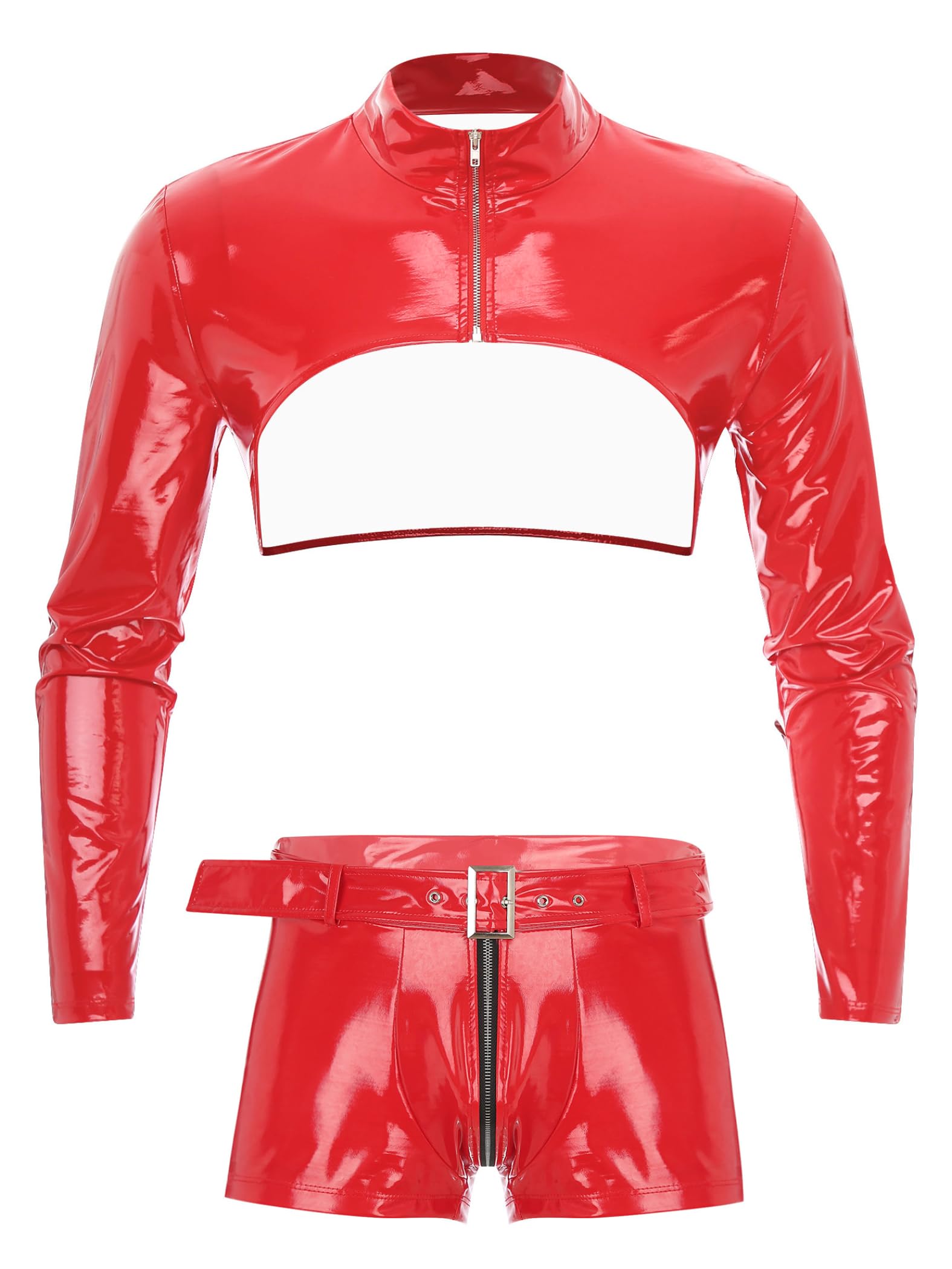Męskie Wetlook Bielizna Erotyczna Bielizna Lakierowana Skóra Babydoll Crop Top odkrywające bokserki ze skóry PU, Czerwona, M