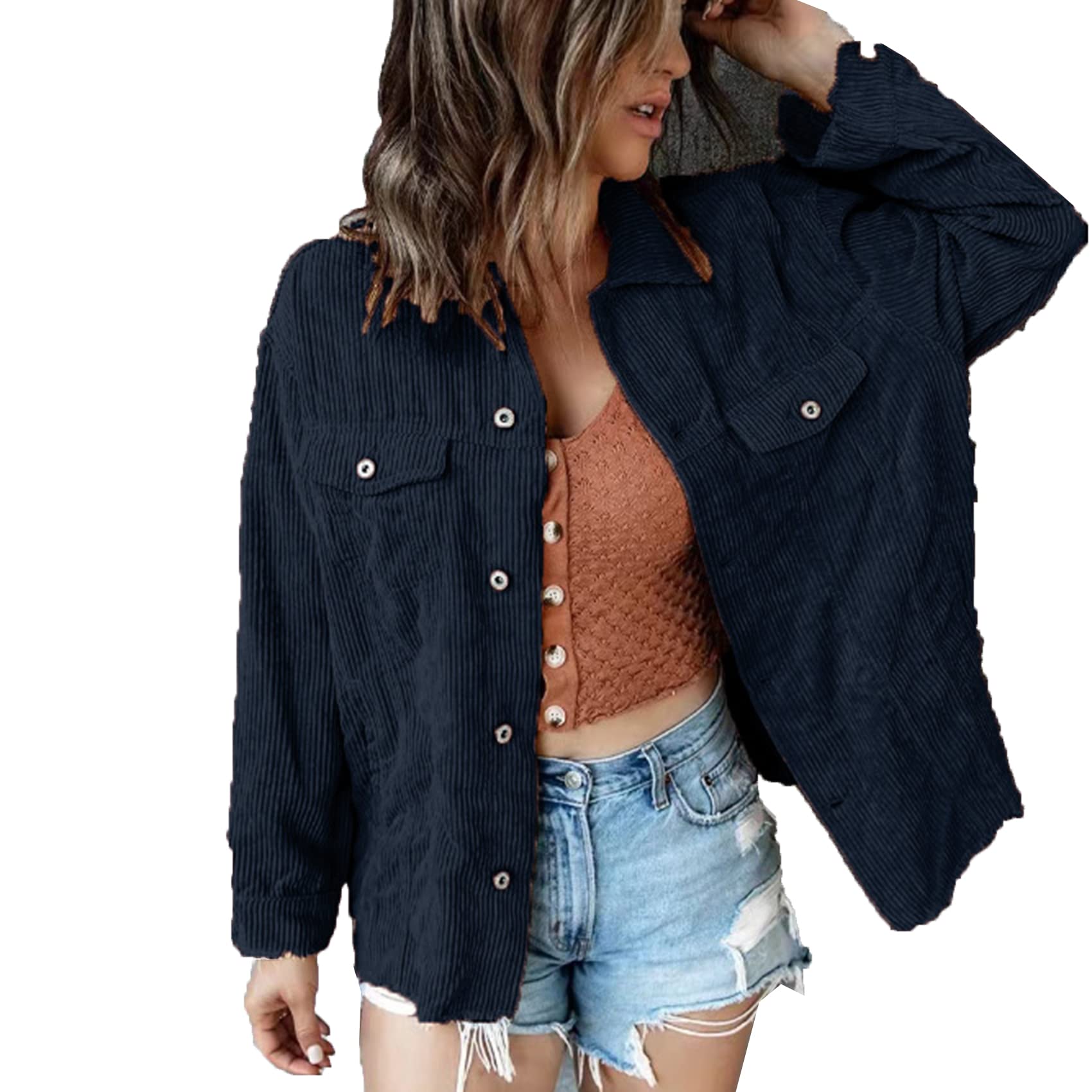 Nuevas Camisas De OtoñO E Invierno para Mujer, Chaqueta Informal De Pana con Tira De Solapa De Color SóLido