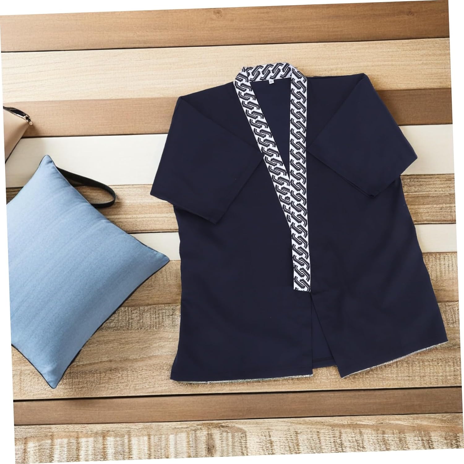 Ciieeo Men's Japanese Chef Jacket Shirt Short Sleeve Side Tie Blue
