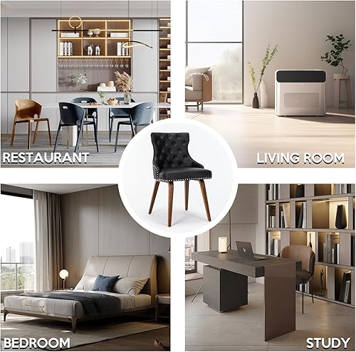 Miniatura 3 de Juego de 2 sillas de comedor tapizadas de piel sintética con patas de madera con adornos de cabeza de clavo, sillas modernas de mediados de siglo