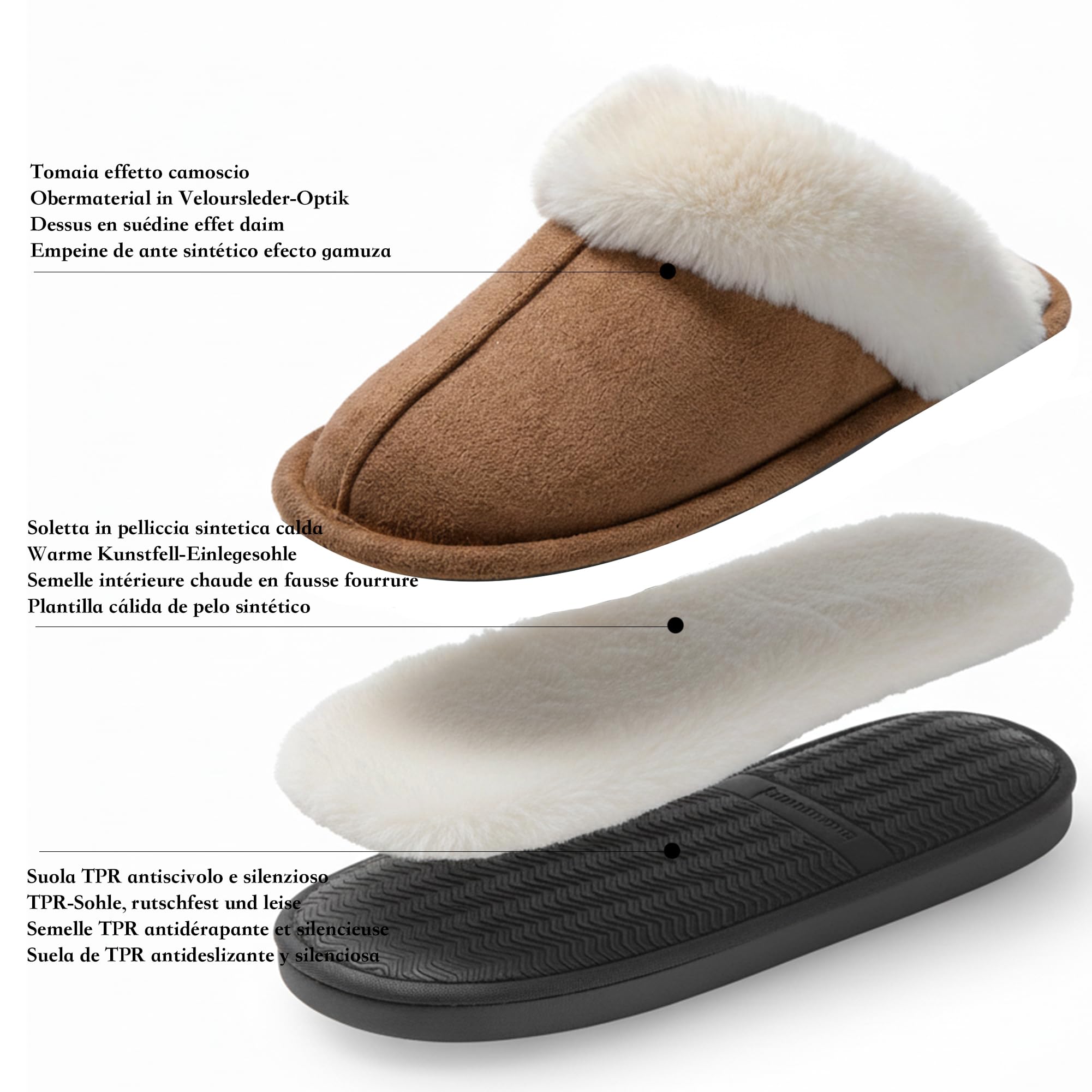 JOMIX Pantofole Donna Invernali Pelose Calde Effetto Camoscio con Fodera in Pelliccia Sintetica Ciabatte Casa Inverno Soletta Morbida Suola TPR Antiscivolo e Silenziosa