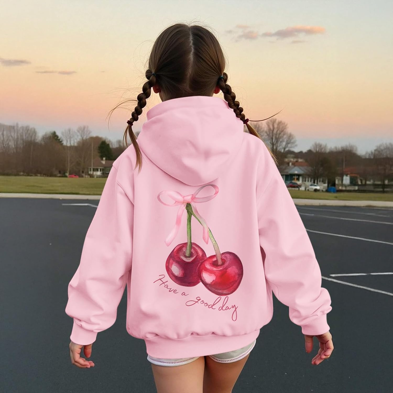 BINTEHGS Cute Cherry Hoodies for Girls Coquette Bow Graphic Hoodie with Pocket Aesthetic Hooded Sweatshirt Kids Preppy Tops - Image 5