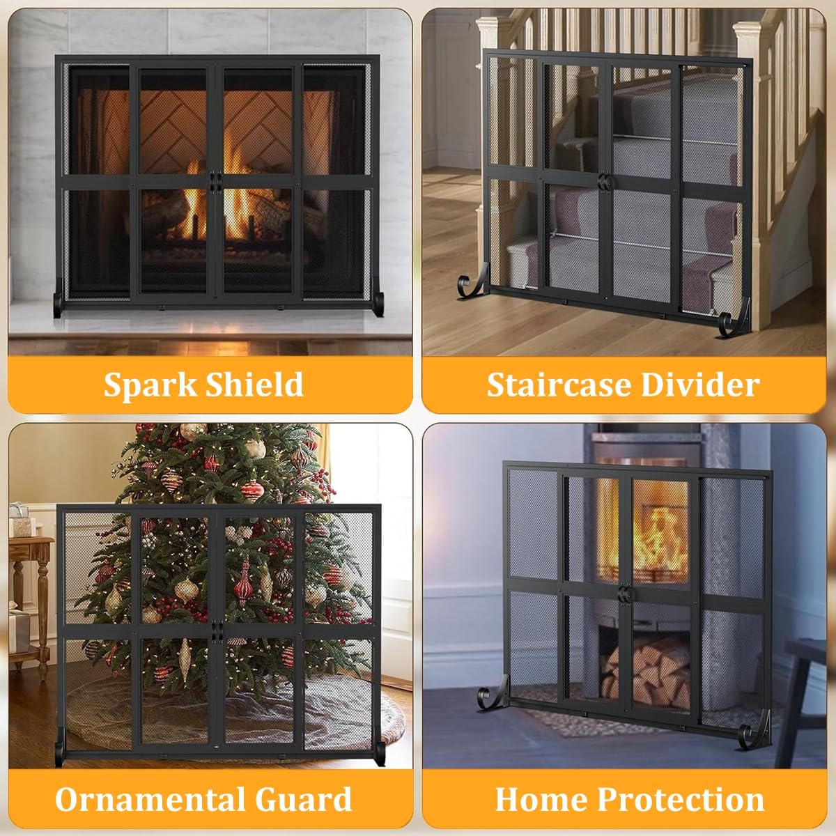 Salvachispas Chimenea con Puertas Correderas De Hierro Forjado Artesanal - Protector Chimenea para Leña. Seguridad para Niños Y Mascotas En El Salón Y Hogar
