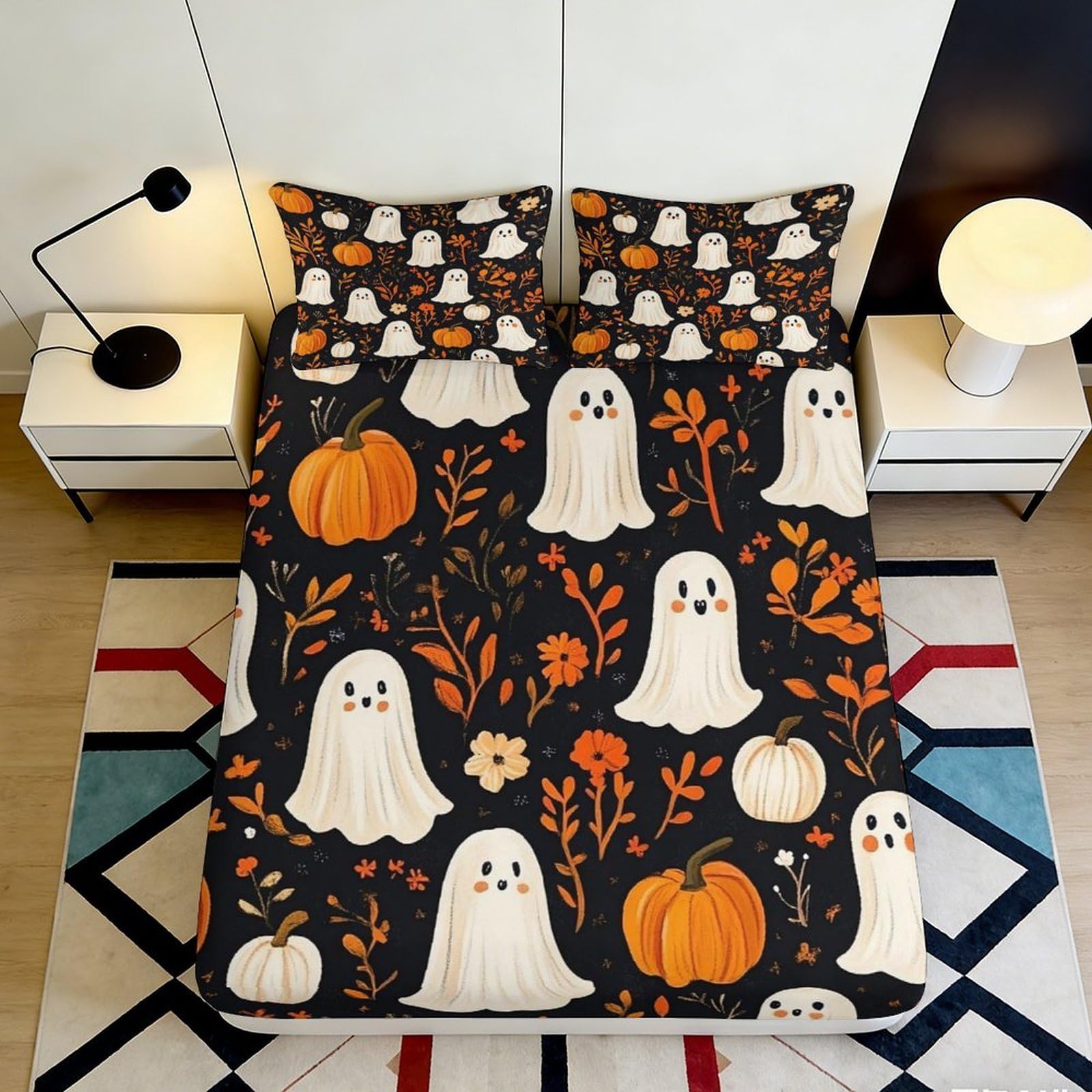 3D Printed Ghost Pumpkin Fitted Sheet Microfiber Soft Halloween Bed Cover for Bedroom Guest Room Decor 90x200x25cm