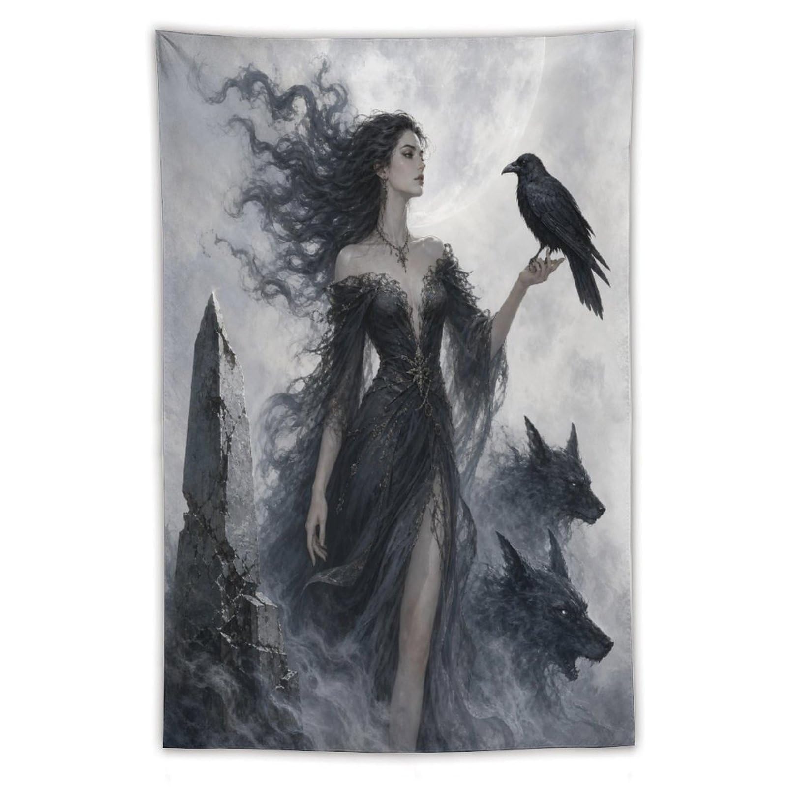 H3B8U2Y5 Raven Witch with Black Dress Wall Tapestry, Gothic Oil, Bed