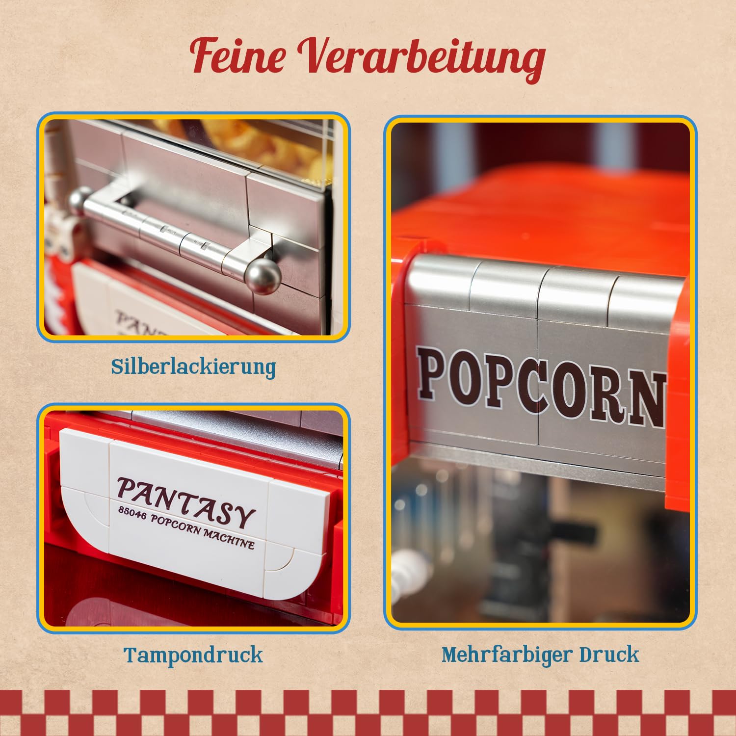 PANTASY Retro Popcornmaschine Klemmbausteine Set | Interaktives Kinomodell mit Drehkurbel, Figur und Popcorn-Elementen, nostalgische Display-Deko für Film- und Retro-Fans