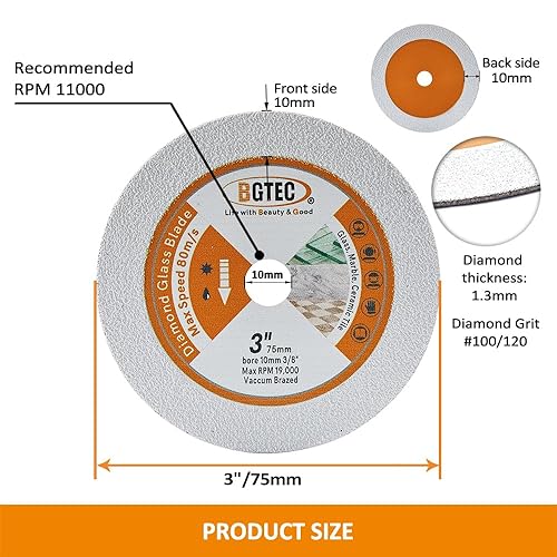 Miniatura 2 de BGTEC - Disco de corte de vidrio de 3 pulgadas y 2.953 in para vidrio, jade, cristal, botella de vino, azulejos de cerámica, mármol, piedra