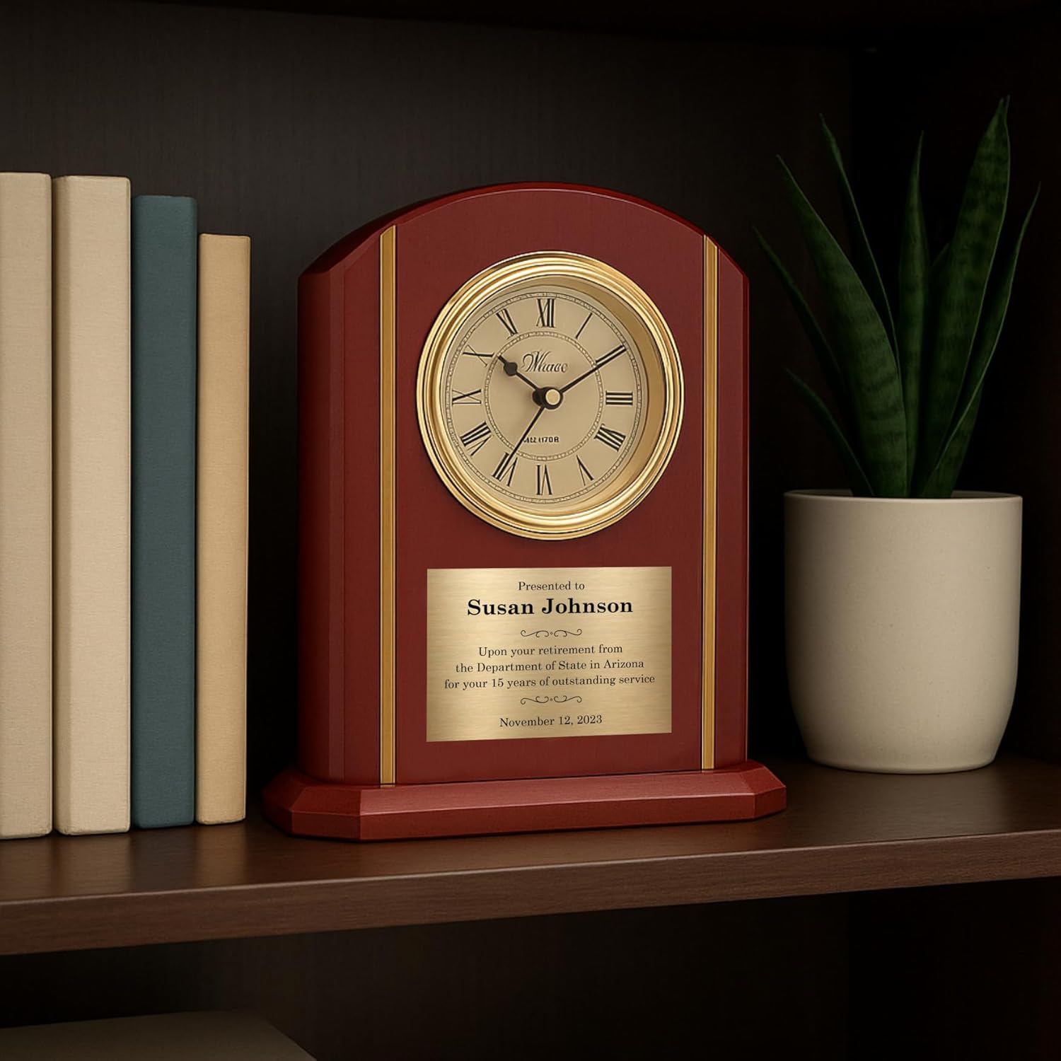 Personalized Desk Clock with Engraved Plate – 8” Rosewood Base Quartz Clock – Custom Retirement Gift, Employee Recognition Award, Anniversary or Graduation Keepsake