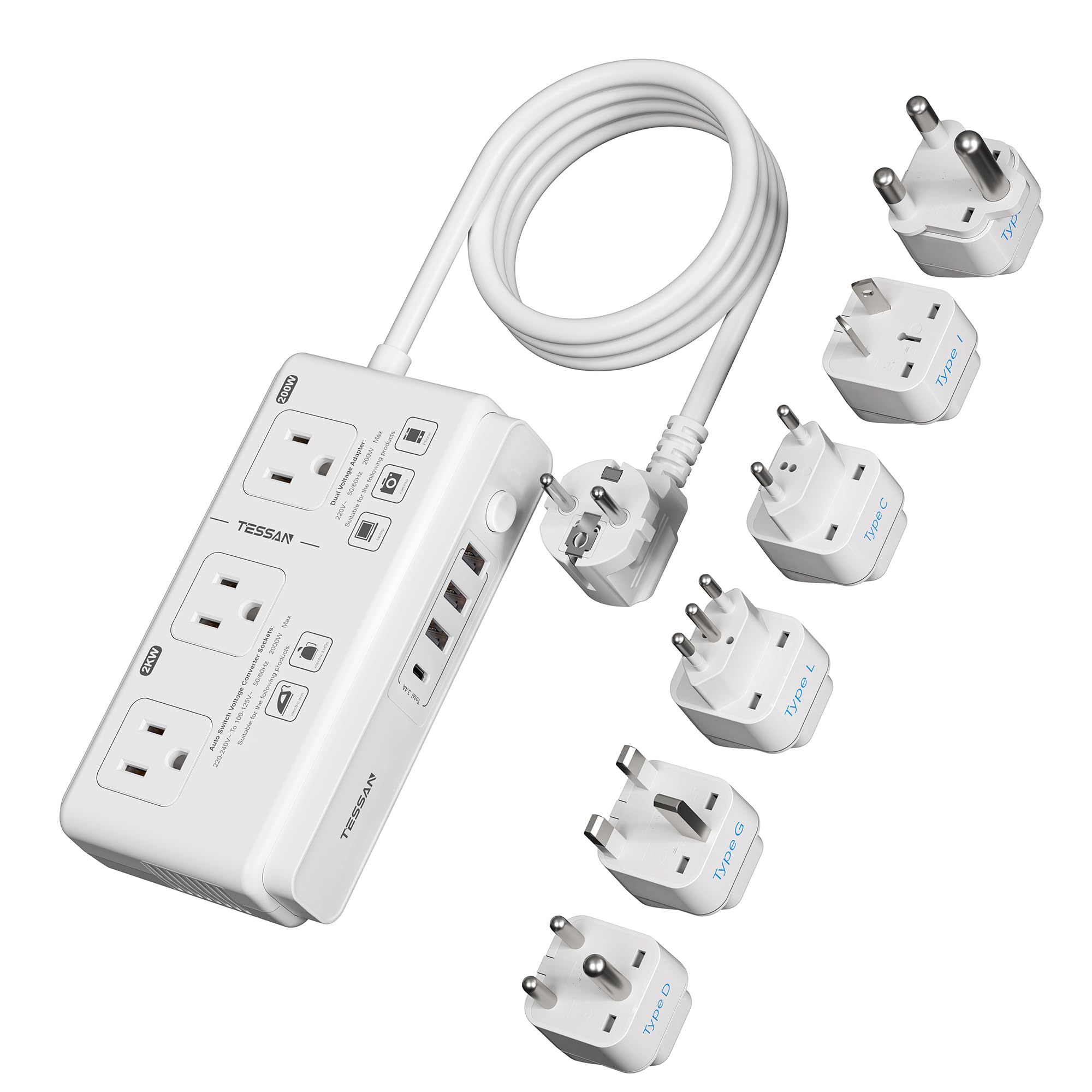 TESSAN 220V to 110V Voltage Converter for Travel with 4 USB Ports (1 USB C), 3 AC Outlet and EU UK AU IT in ZA International Power Adapter, Step Down Transformer Outlet Converters White-image-23
