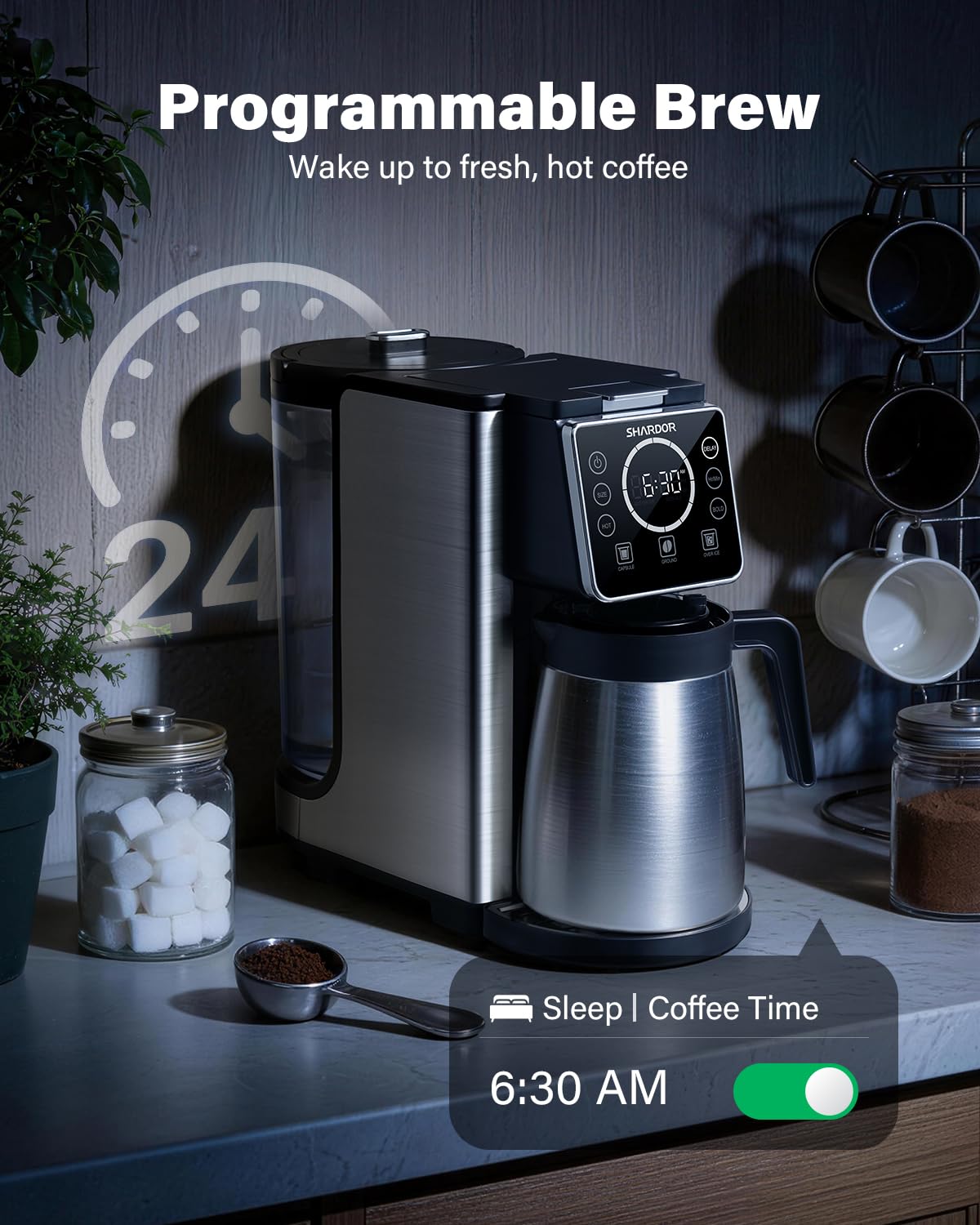 SHARDOR Programmable 5 Cup Drip Coffee Maker, Single Serve Hot & Iced Coffee Machine for K Cup & Grounds, 95oz Removable Reservoir, 6–24oz Brew Size, Strong Brew, Stainless Steel Thermal Carafe, Black — view 5