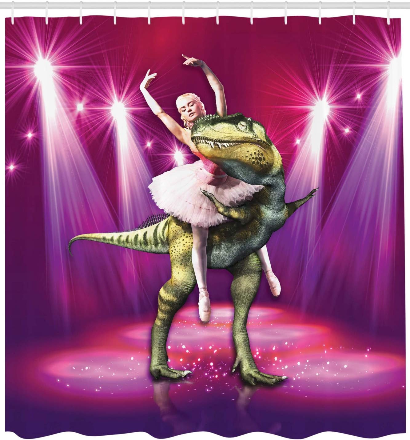 Ambesonne Animal Shower Curtain, Ballerina Dancing with a Dinosaur Under Neon Stage Unusual Absurd Image Print, Cloth Fabric Bathroom Decor Set with Hooks, 69" W x 70" L, Hot Pink Purple