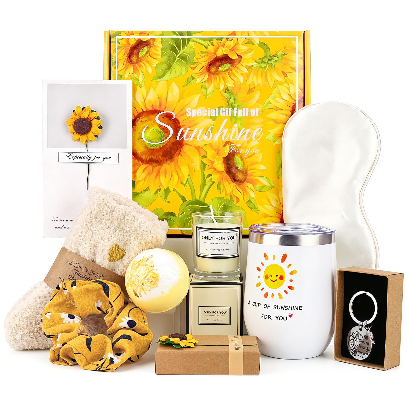 saerryor Sunflower Present for Women, 9Pcs Pamper Hamper Present Basket Self Care Relaxation Set with Tumbler, Get Well Soon Birthday Presents for Mum Wife Sister Best Friend Festival for Her