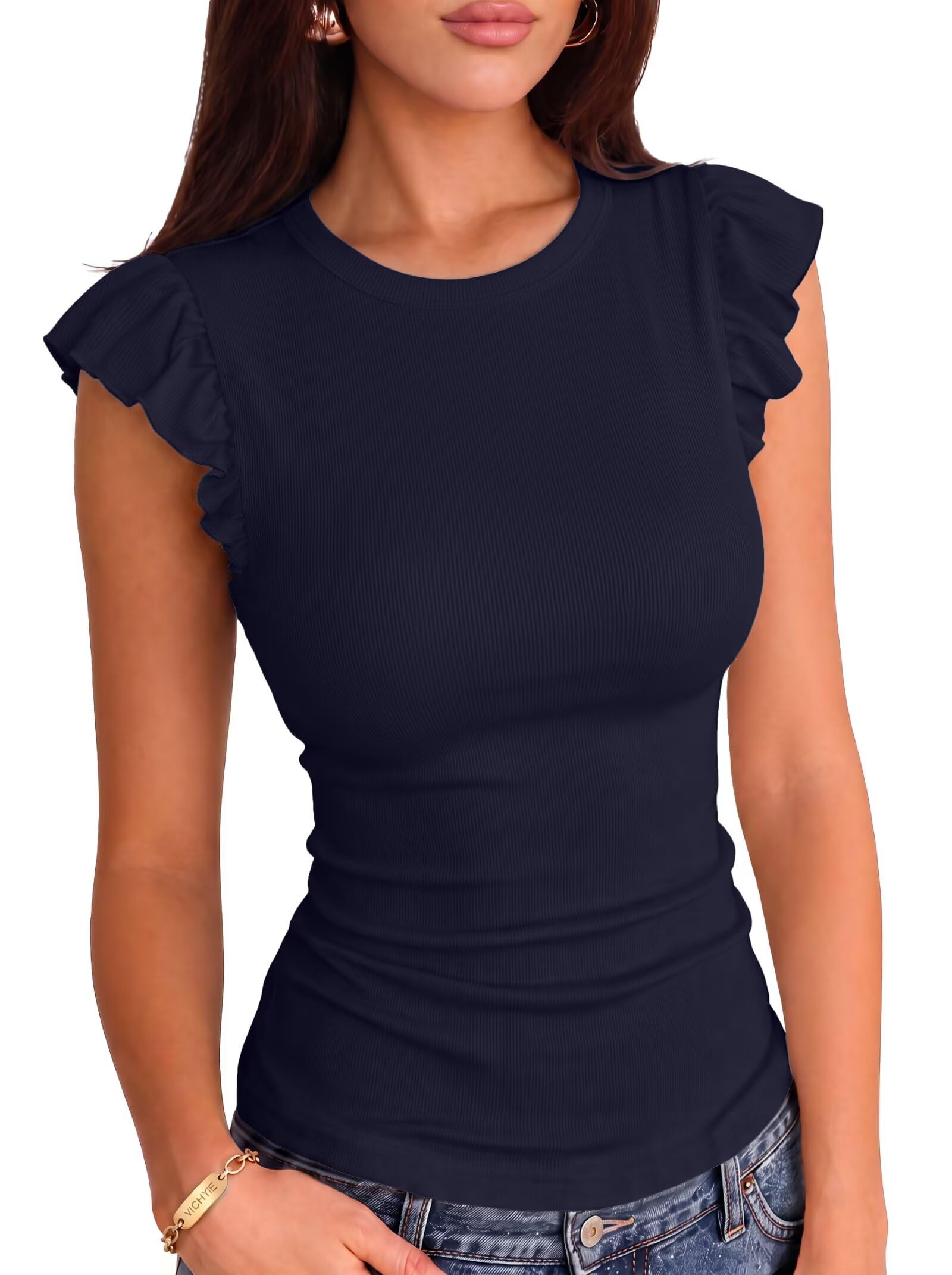 VICHYIE Summer Women Ruffle Cap Sleeve Pretty Fitted Shirt