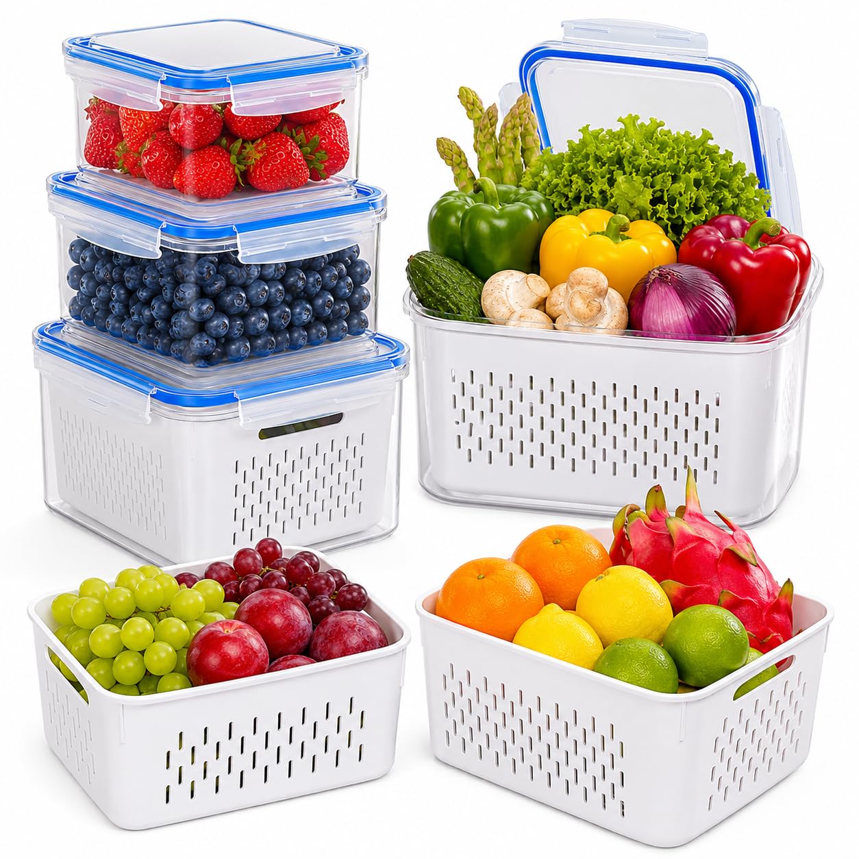 3Pcs Fruit Storage Containers for Fridge with Removable Colanders 4 In 1 Airtight Food Storage Container BPA-Free Leakproof Fridge Organizer Bins with Vent handle Lids for Salad Fruit Vegetables Meat