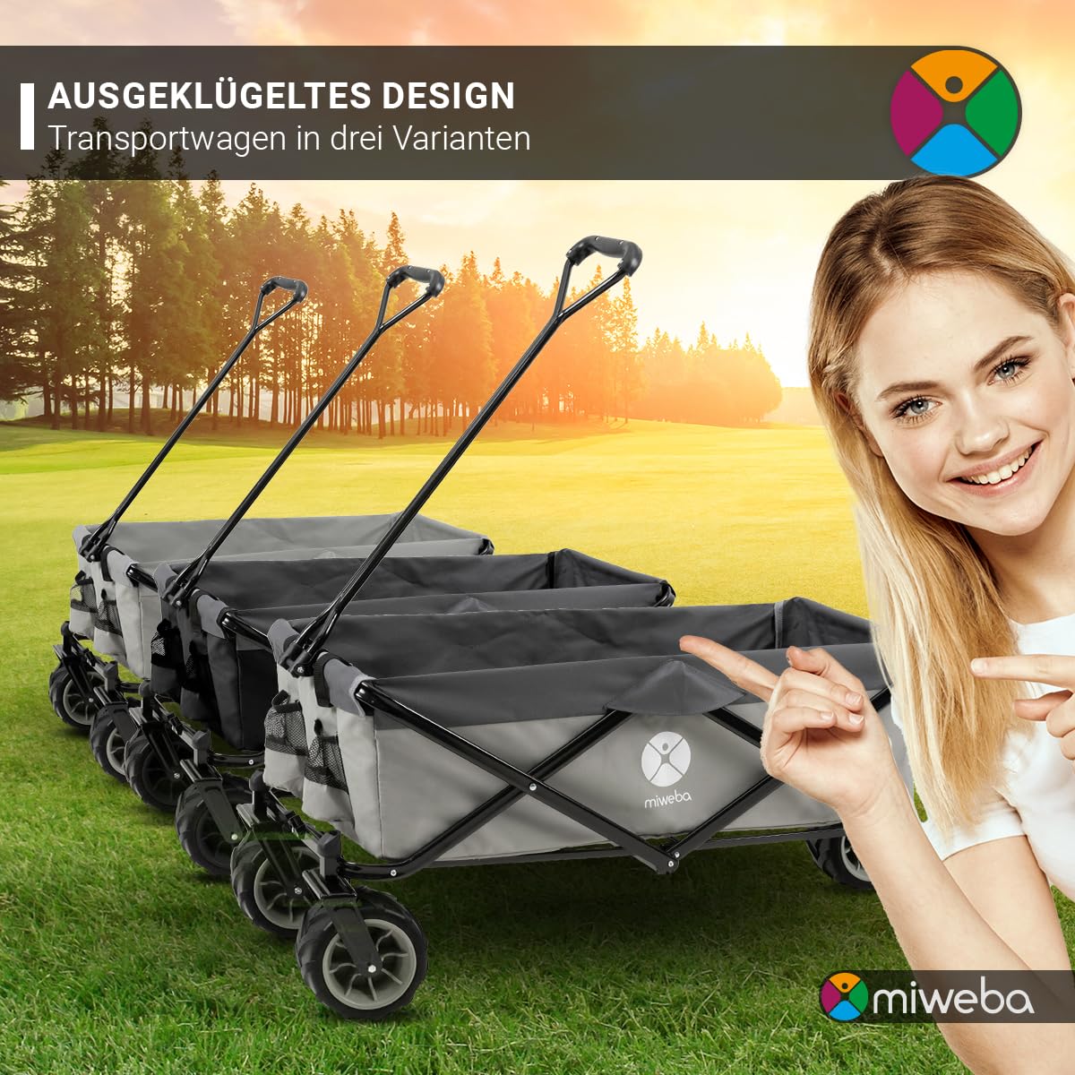 Miweba Faltbarer Bollerwagen MB-30 | Traglast 120 kg - Klappbar - Handwagen faltbar - Transportwagen für Kinder - Kinderwagen - Gartenwagen - Wagen - Strandwagen - Faltwagen (Grau)