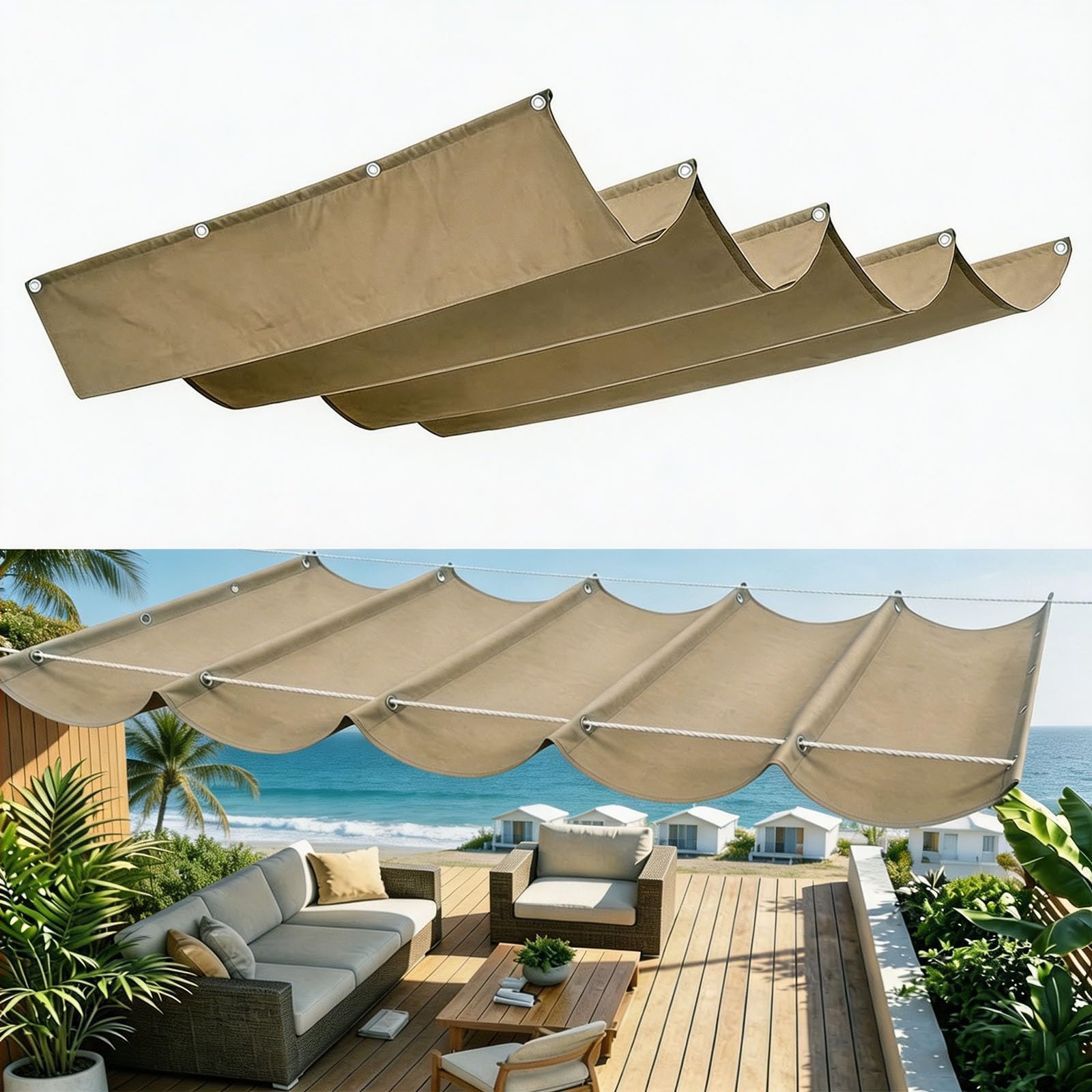 Voile d'ombrage vague rétractable 50x1500 cm imperméable kaki pour jardin
