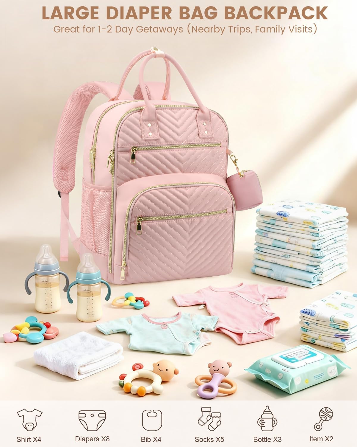 Diaper Bag Backpack,Baby Essentials Diapers Bag with Pacifier Case,Multipurpose Stylish Large Capacity Travel Backpack for Baby Girl/Boy(L-Pink)