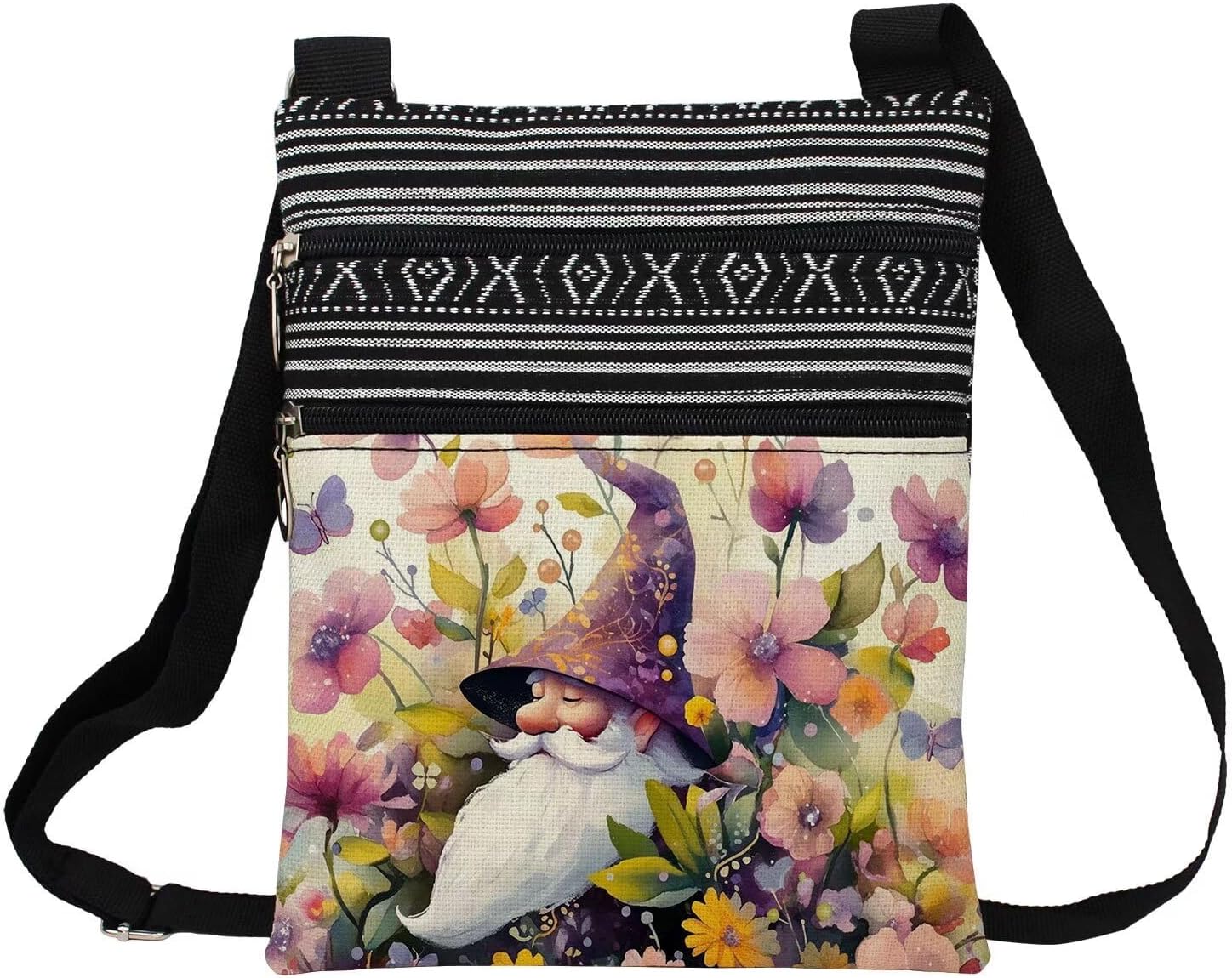 Floral Gnome Messenger Bag Small Ethnic Pattern Printed Adjustable Strap Crossbody Zipper Bag Floral Gnome Phone Bag Wallet Cute Shoulder Handbag for Women Friends -2
