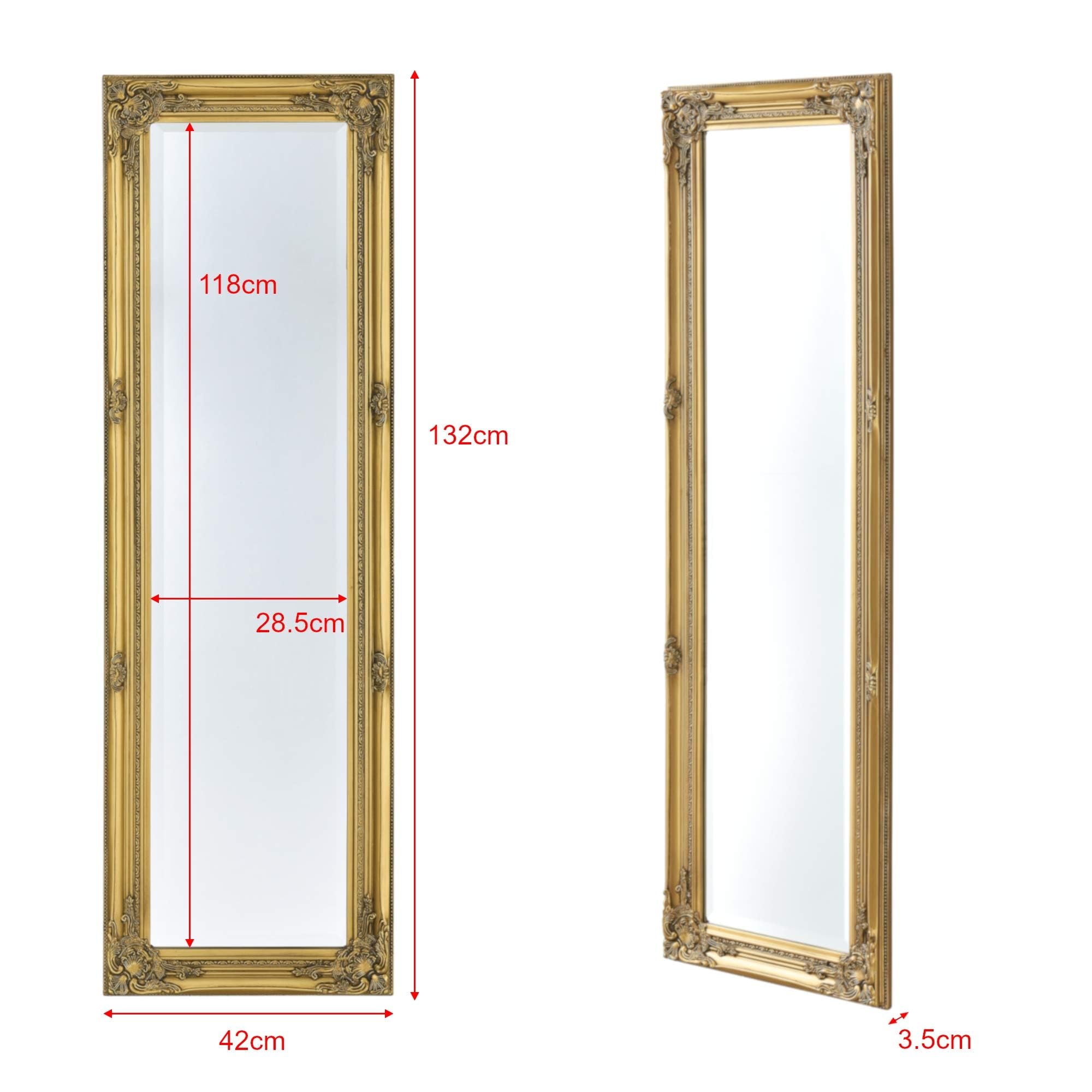 [en.casa] Wandspiegel Livorno 132x42x3,5 cm aus Eukalyptusholz Goldfarben | Ganzkörperspiegel, Barockspiegel groß, rechteckiger Rahmen, für Schlafzimmer, Flur, Vertikal oder horizontal montierbar