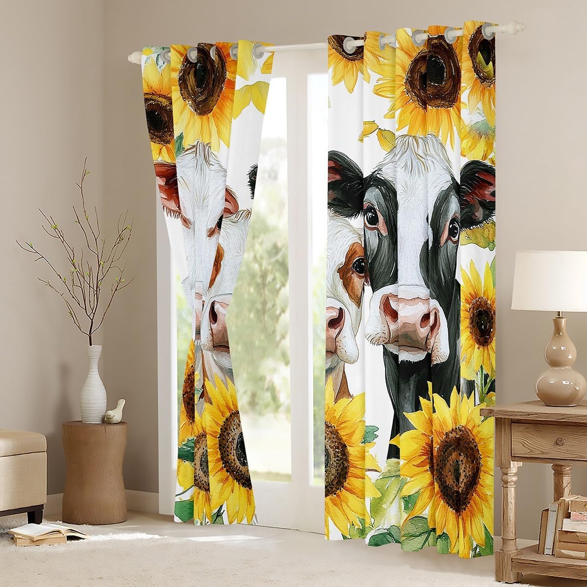 Erosebridal Cow Sunflower Darkening Curtains Western Cowboy Blackout Curtains Highland Cow Bull Cattle Print Window Drapes 52"x84",2 Panels Farmhouse Animal Theme Window Treatments