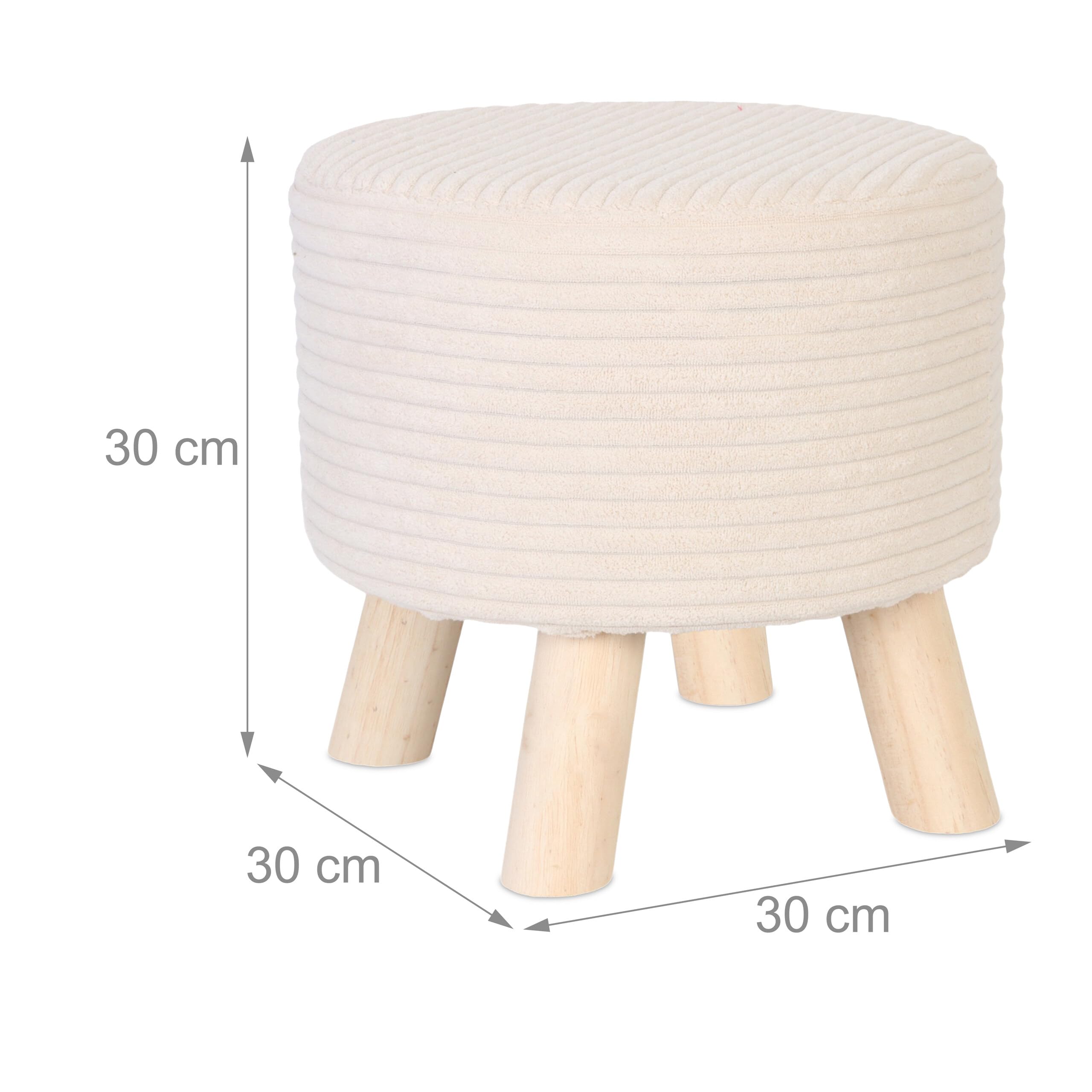 Taburete Relaxdays Cord, Patas de Madera, tapizado, 30 x 30 cm, Redondo, Asiento, reposapiés, salón, Beige/Natural