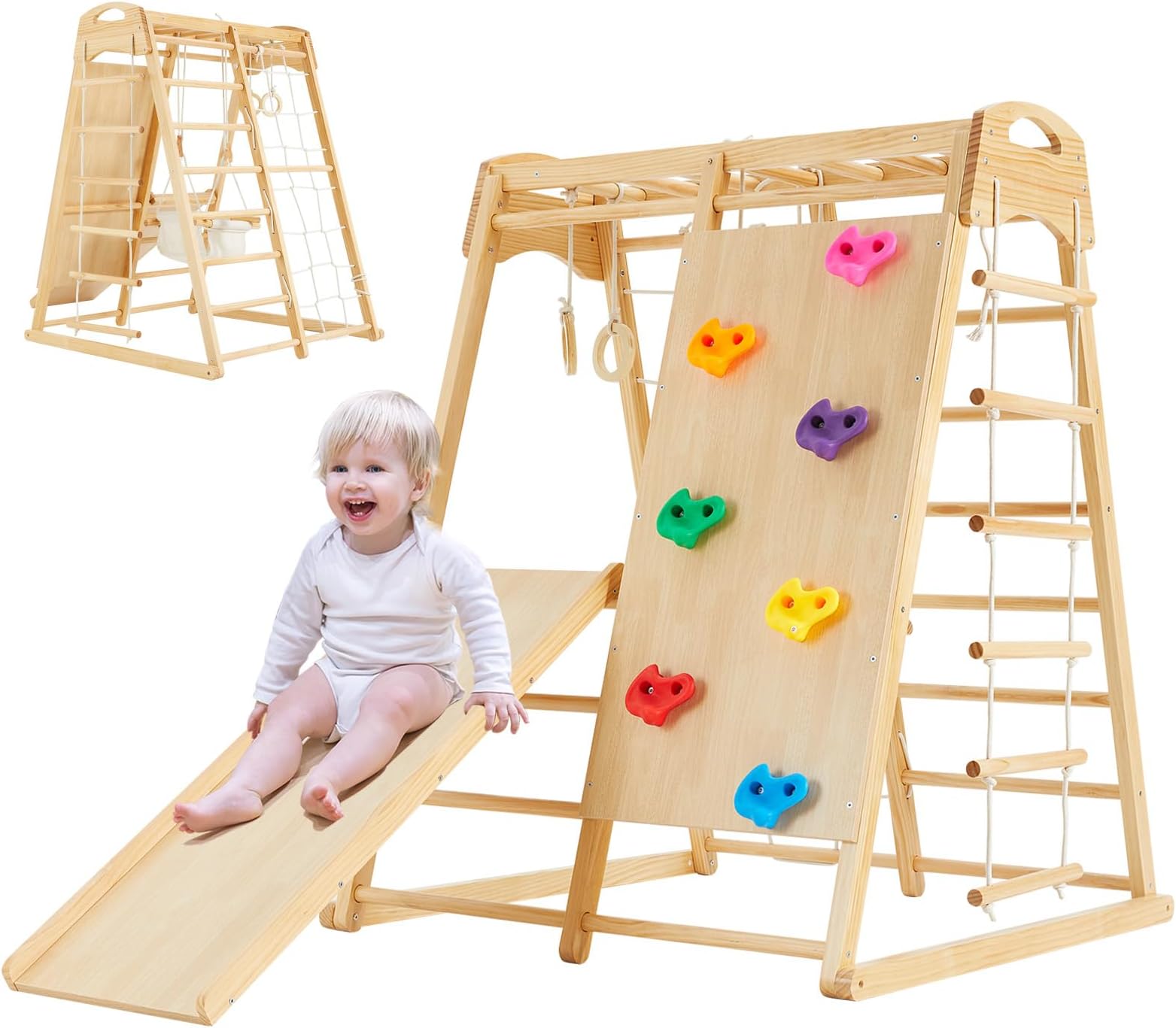FUNLIO 8-in-1 Wood Indoor Playground for Kids 3-8 Years, Larger & Heavier Climbing Toys with Solid Pine, Indoor Gym for Kids with Swing/Slide/Climbing Rock/Net/2 Ladders/Monkey Bars/Gymnastic Rings