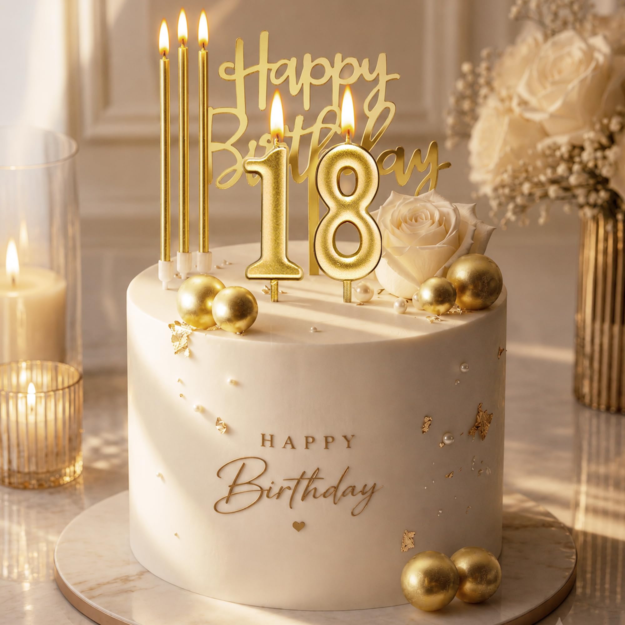 PHD CAKE 46 Stück goldene Geburtstagskerzen, 10 Kuchen-Zahlenkerzen, 9 Kugel-Kuchenaufsätze, 3 Geburtstagskuchenaufsätze, Party-Feier