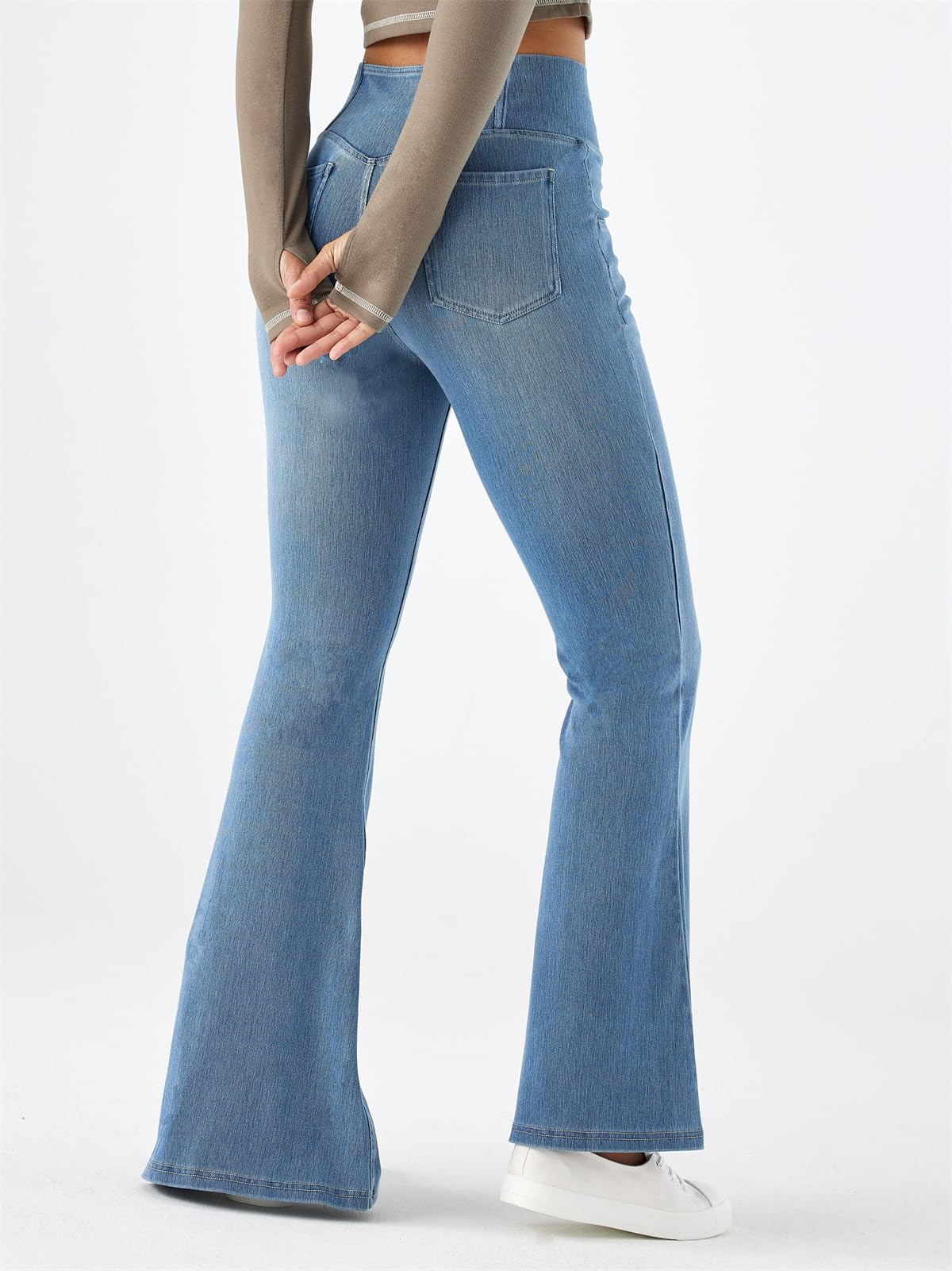 SotRong Jean évasé à coupe en V pour femme - Taille haute - Contrôle du ventre - Extensible - Coupe bootcut - Bas cloche - Avec poche - XS à XL
