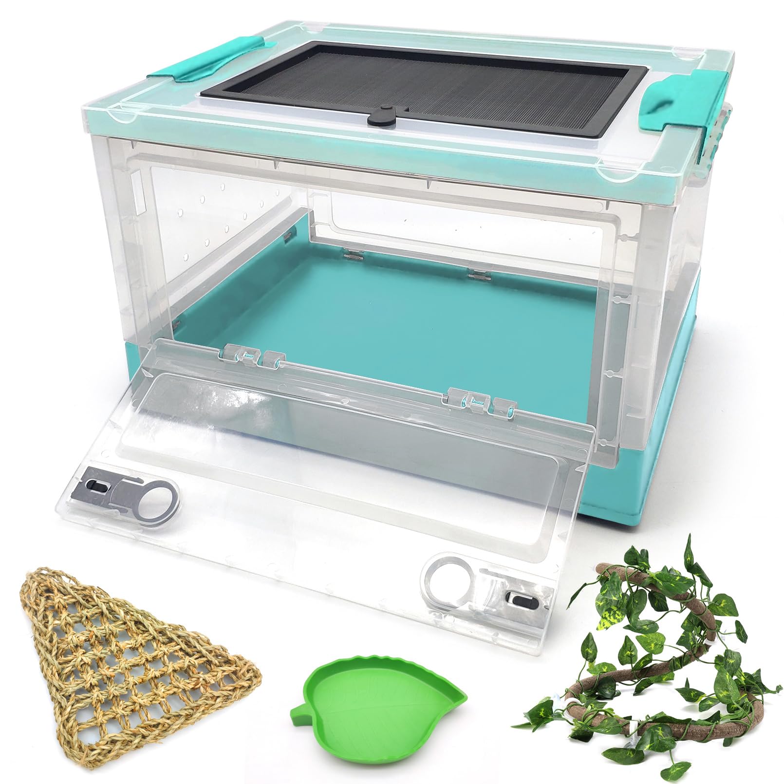 Hamiledyi Collapsible Gecko Tank Starter Kits, Reptile Travel Carrier 15.6" x 11.6" x 9.4" Small Portable Habitat Cages for Leopard Gecko, Bearded Dragon, Snake, Tortoise(Blue)