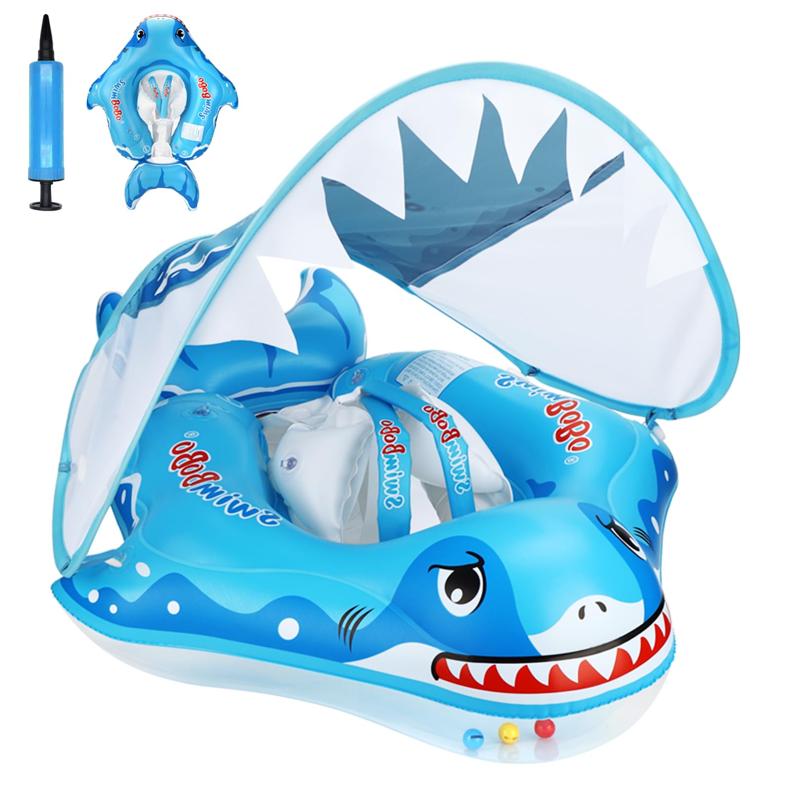 Baby Swimming Float, Inflatable baby pool float for 6-24 Months, Baby Swimming Ring with UV Sun Protection Canop and Manual Pump, Baby Swim Float with Safe Seat for Newborn Baby Learn to Swim — image 1