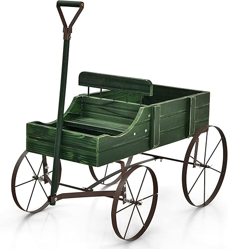 Miniatura 9 de Giantex Macetas pequeñas para plantas al aire libre, cama de jardín decorativa con ruedas de metal, camas elevadas de madera, soporte para macetas