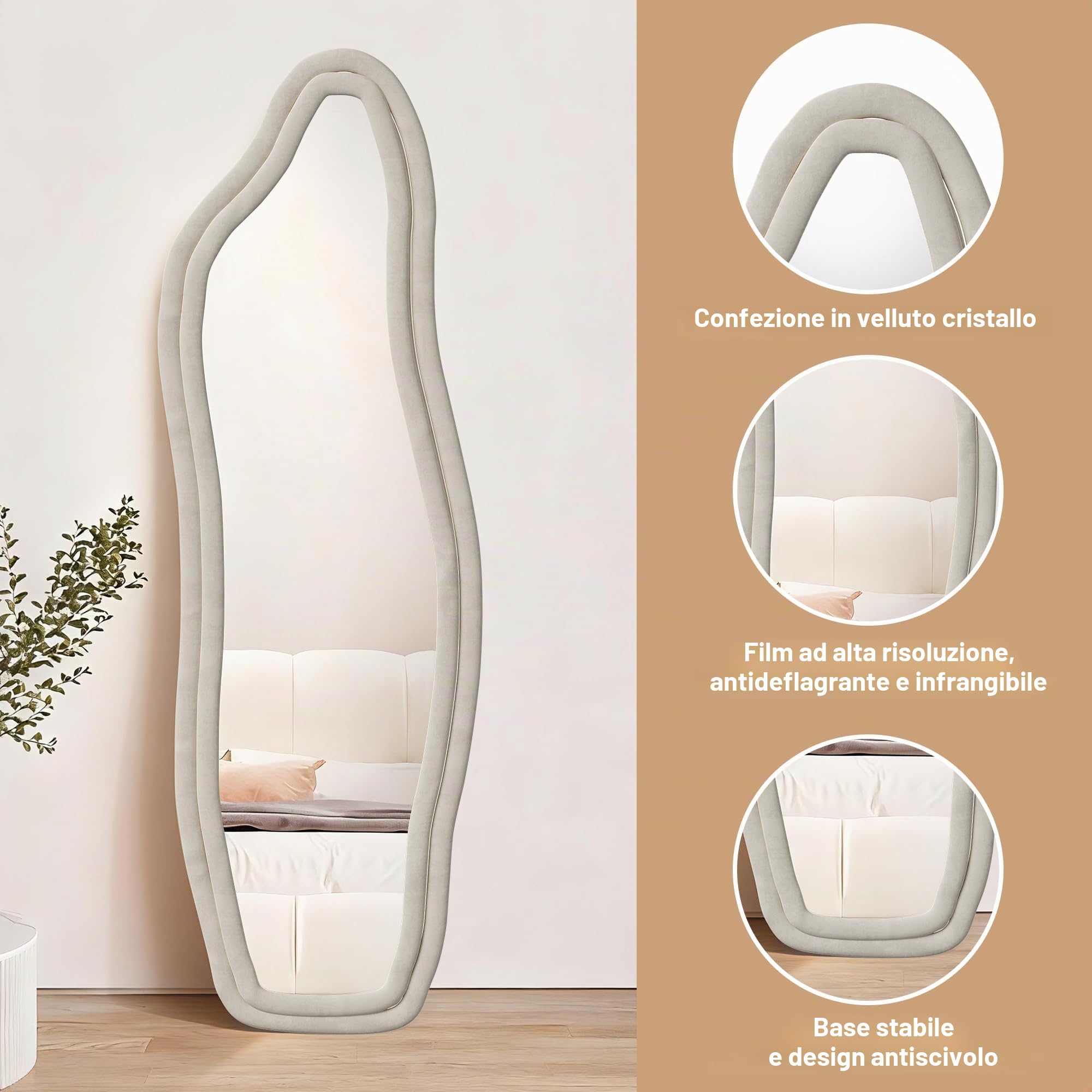 Specchio asimmetrico, 160 x 50 cm, a forma organica, moderno, a pavimento, curvo, da parete, per soggiorno, camera da letto, ingresso