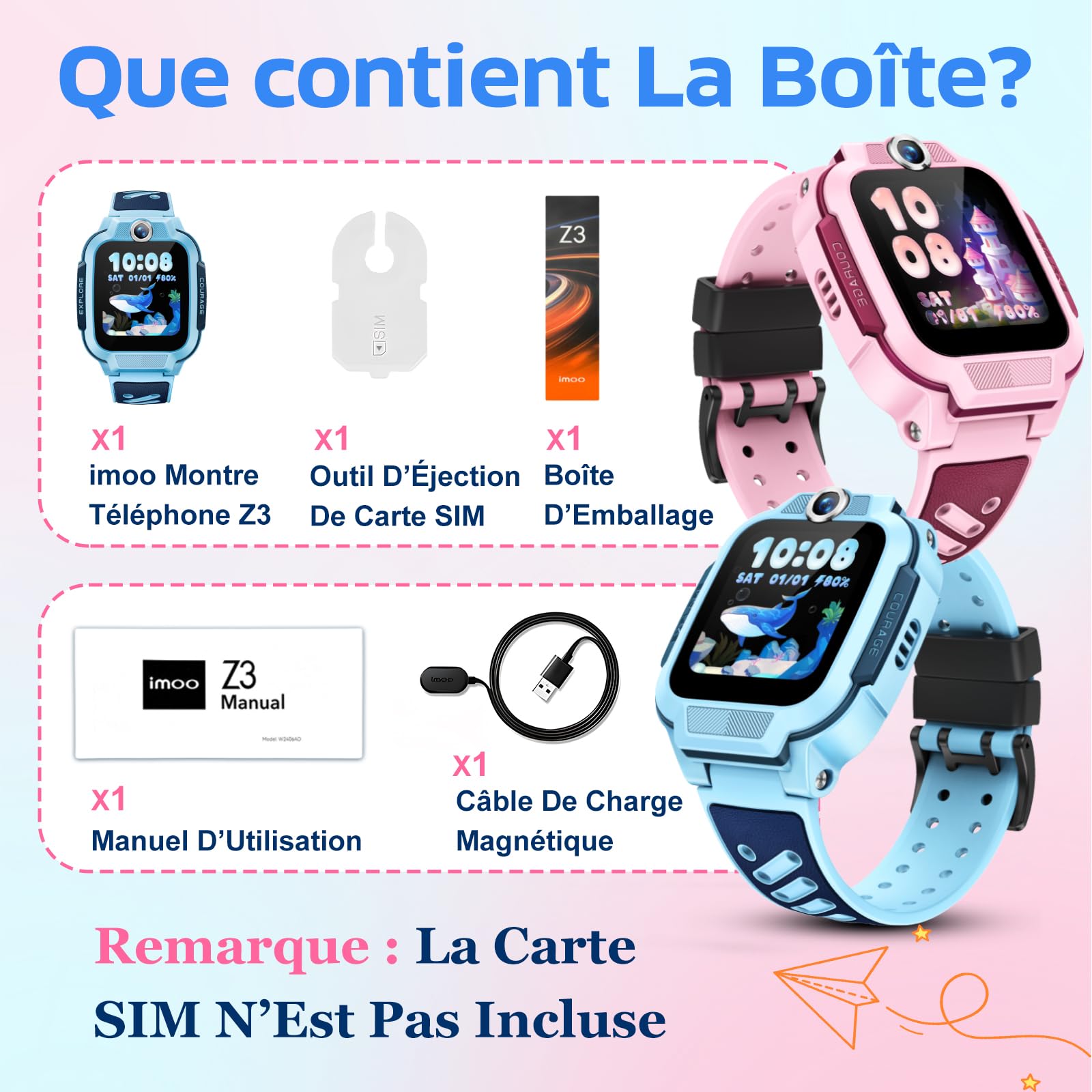 imoo Z3 Montre Connectée Enfant 4G avec GPS & Carte SIM, Appels Vidéo, WiFi, SOS, Étanche IP68 – Montre Téléphone pour Filles et Garçons(Bleu)
