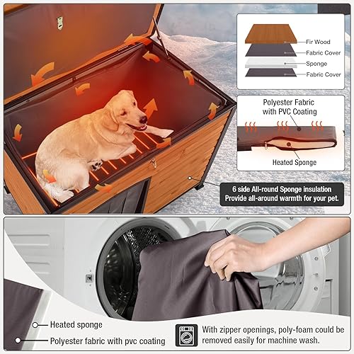 Miniatura 8 de Casa para perros con aislamiento al aire libre para perros pequeños, medianos y grandes, madera natural con marco de hierro, techo impermeable con