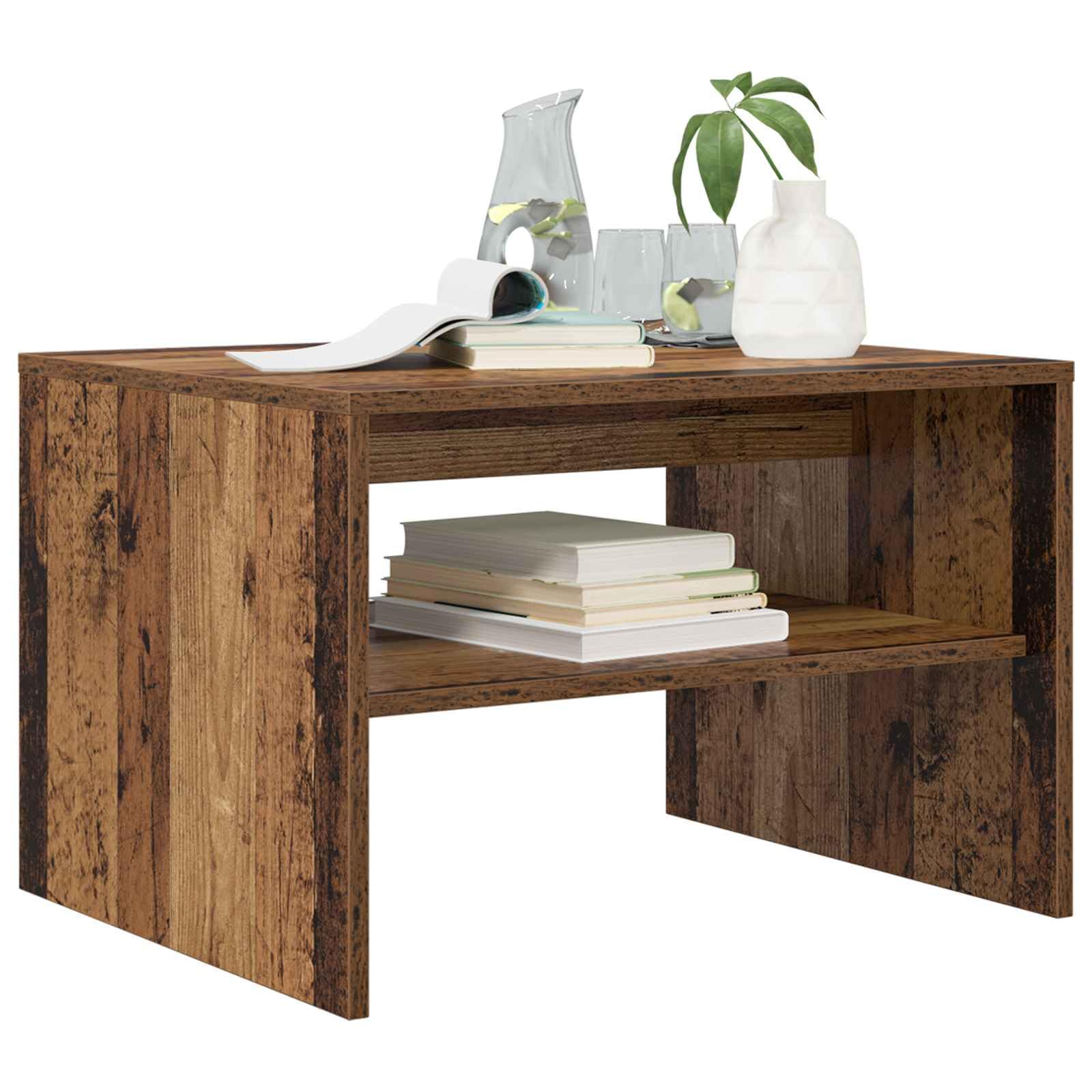 Stolik kawowy ze starego drewna, 60 x 50 x 40 cm, materiał drewnopochodny z miejscem do przechowywania i regałem, do salonu, salonu, biura, wykonany z wytrzymałego materiału drewnopochodnego