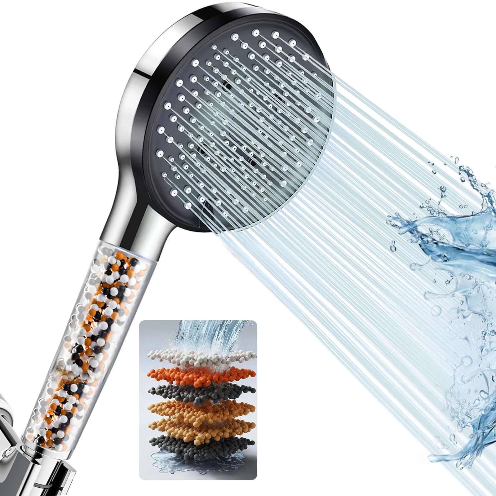Aisoso High Pressure Shower Head,Hard Water Filter Handheld Shower Head with 5 Spray Modes,Turbocharged Design and Dechlorination Modes,Universal Water Saving Large Showerhead,Chrome