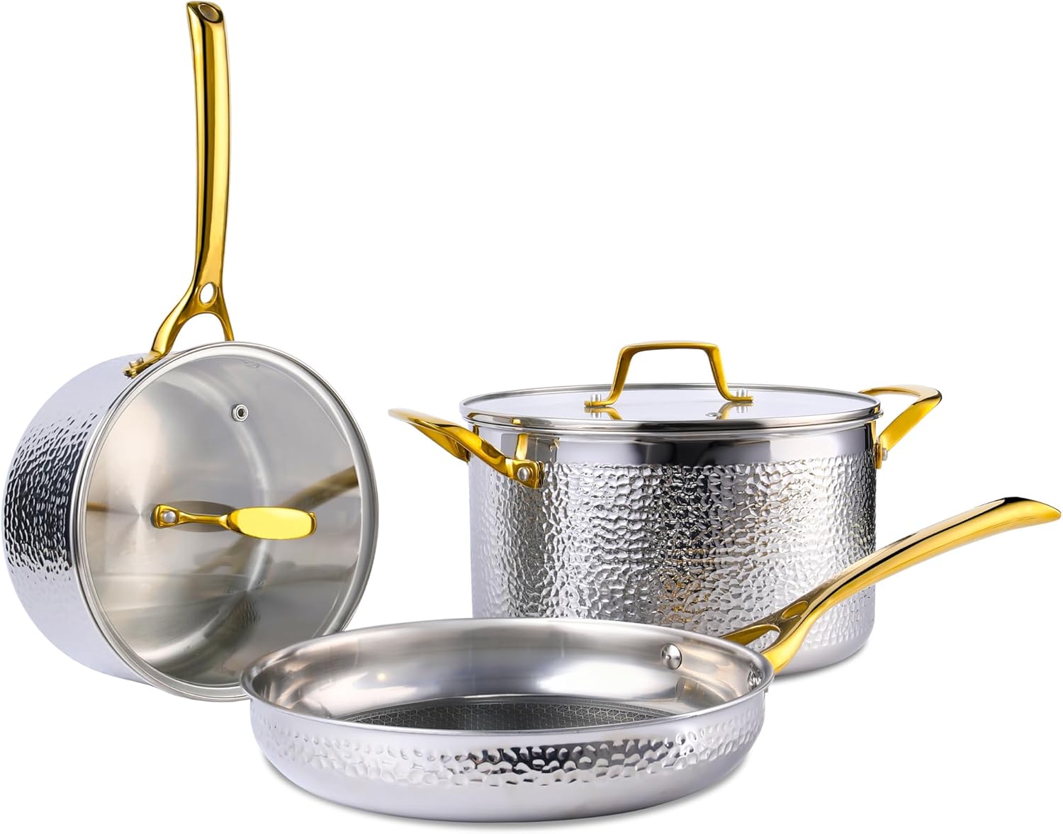Stainless Steel Pots and Pans Set, Luxury Tri-Ply Hammered Kitchenware Cookware with Lids, Heavy Duty & Non-Toxic, Special Hammered Pattern Detail, 5-Piece Gold Hammered Cookware Set 5 piece