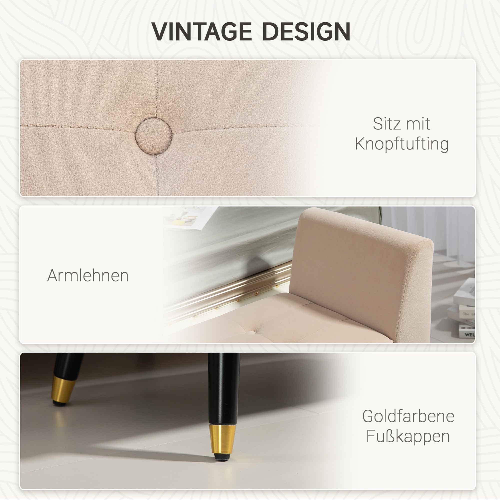 HOMCOM Sitzbank mit Stauraum Armlehnen Polsterbank mit Samtoptik, Sitztruhe mit Holzbeine, Truhenbank für Wohnzimmer Schlafzimmer Flur 107 x 42 x 65 cm, Beige