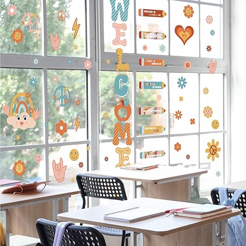 Miniatura 4 de Cholemy 9 hojas retro de regreso a la escuela, tablón de anuncios, calcomanías de bienvenida para puerta de bienvenida, diseño de arco iris,