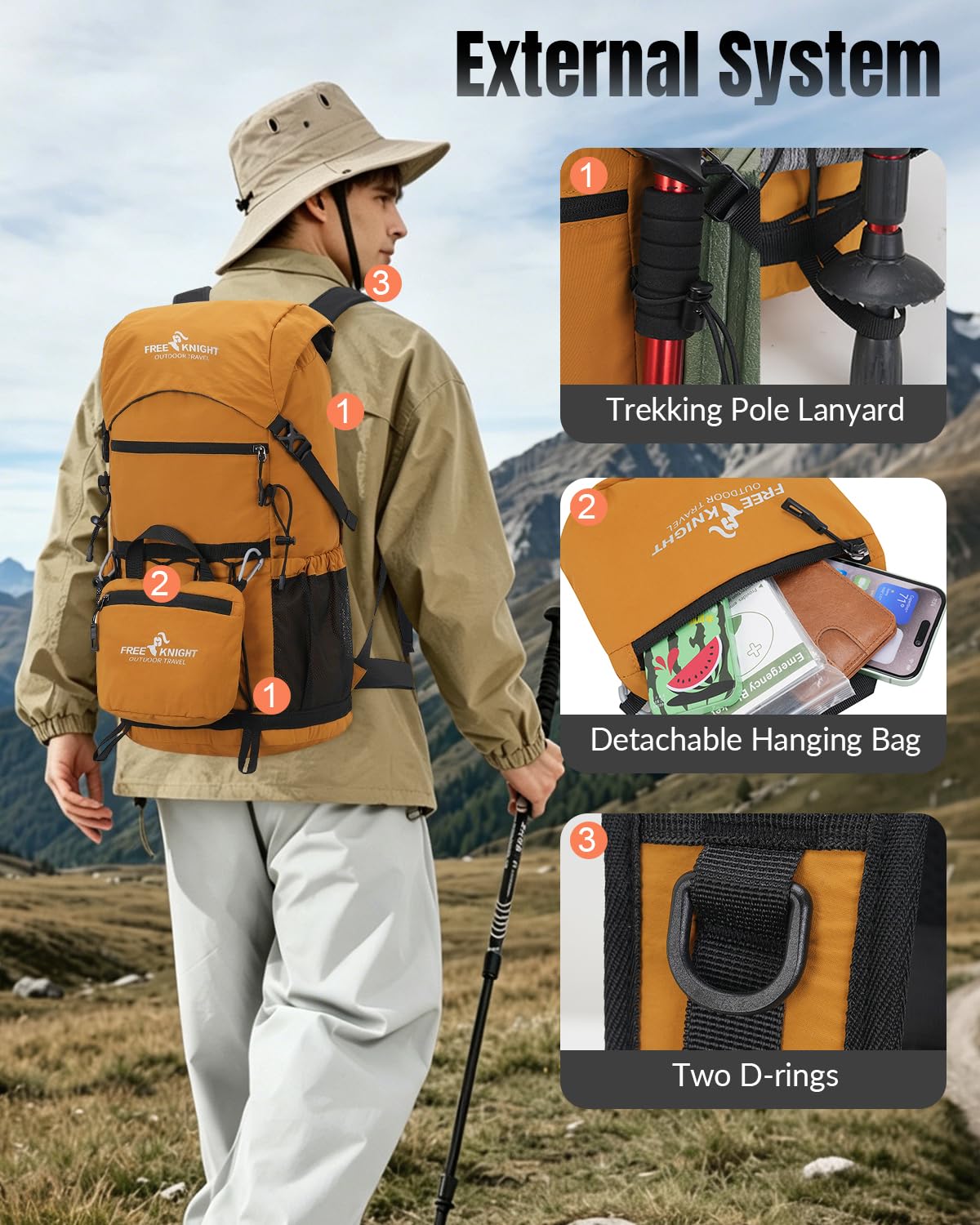 Zaino da trekking da 25 l, con tasca rimovibile, piccolo zaino da trekking in nylon, unisex, leggero, per campeggio, escursionismo, viaggi, colore giallo