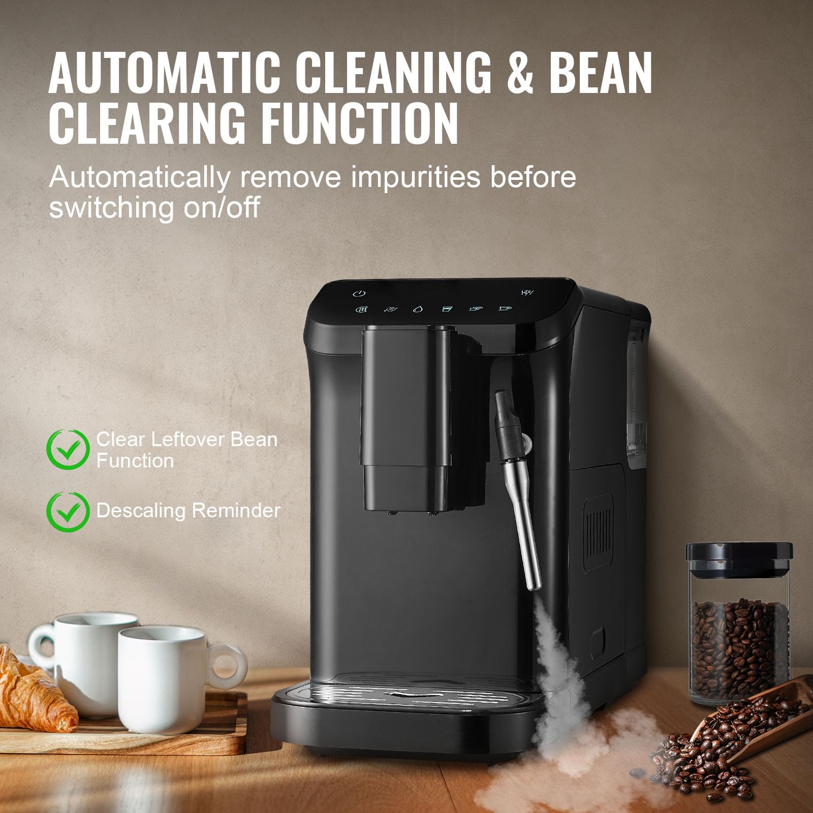 VEVOR Macchina per caffè espresso automatica, Macchina per caffè con lancia vapore, Macinacaffè impostazioni di macinatura a 15 livelli, Macchina per caffè espresso serbatoio dell'acqua 1,5 litri