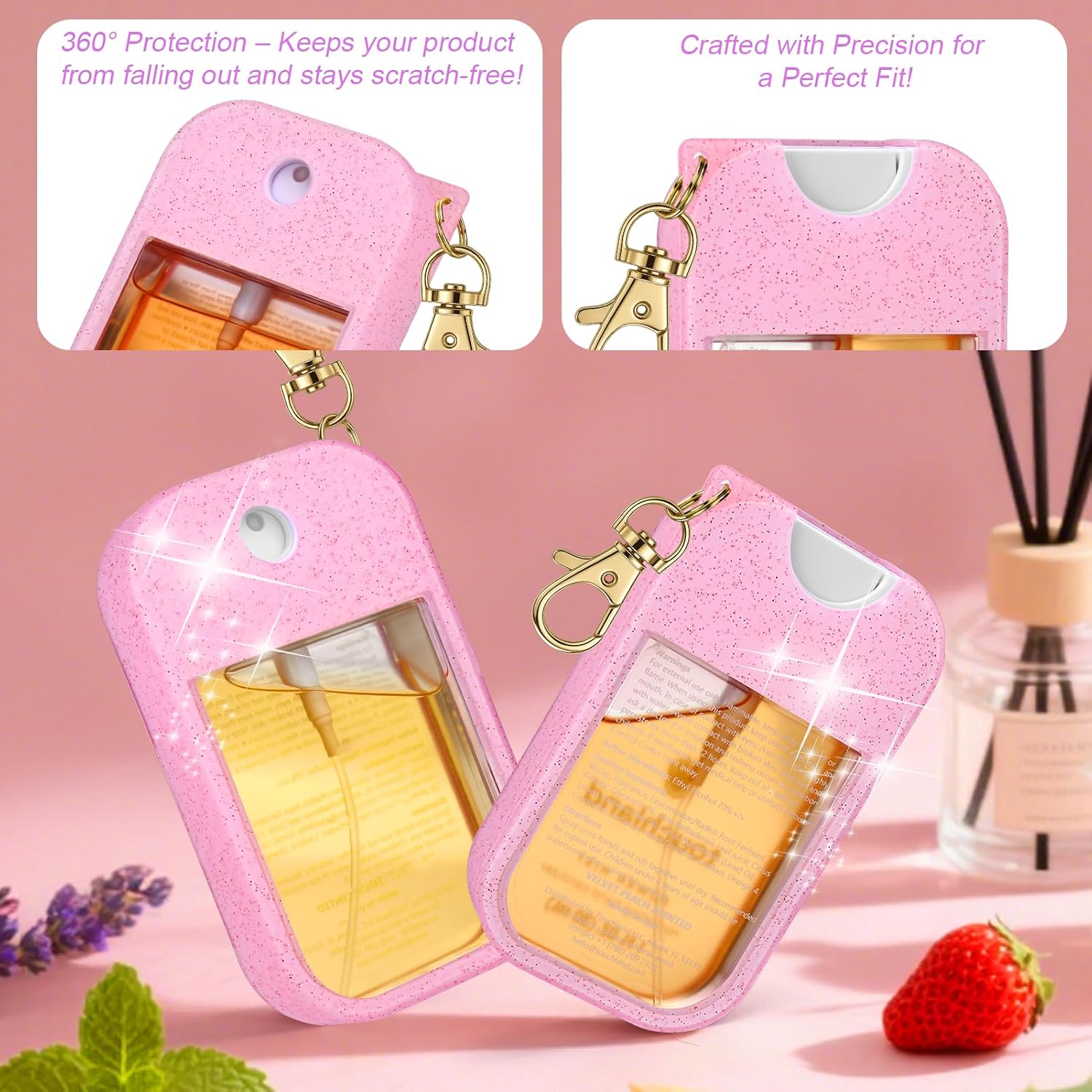 AIERSA Hand Sanitizer Spray Glitter Case Compatible with Touchland, Silicone Hand Sanitizer Case Holder with Keychain for Touch Land Mist 1FL. OZ(Glitter Sequin pink) - Image 5