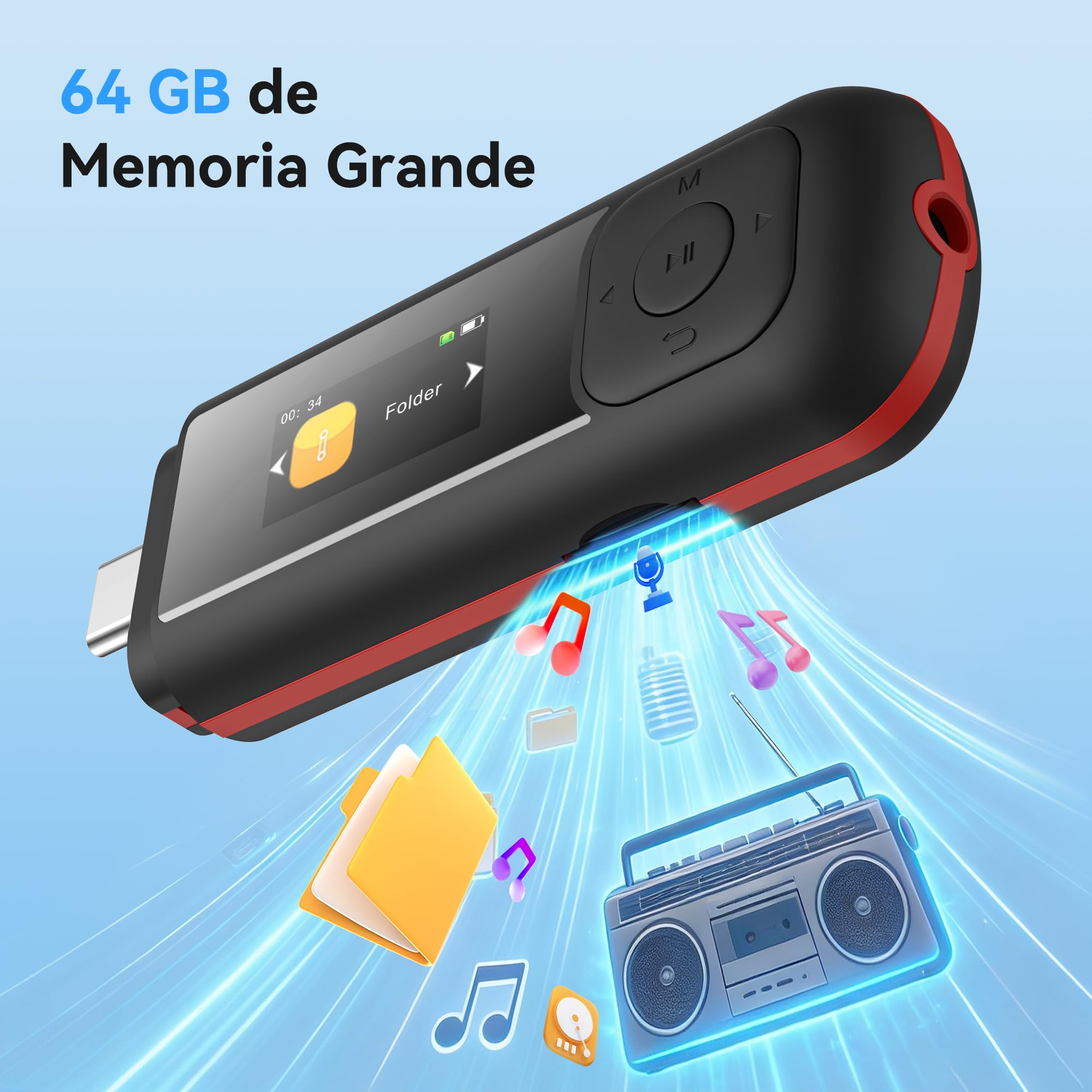 AGPTEK 64GB Reproductor MP3 Portátil USB con Pantalla LED, Mini USB con Radio FM, Grabadora, Transferencia, para 10 Horas de Reproducción Musical, Ideal para Estudiar/Trabajar, Funciona con Pilas