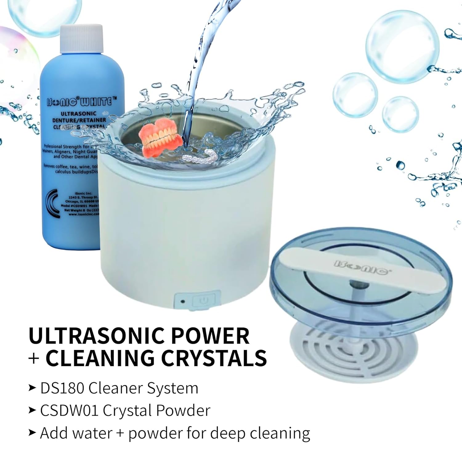 iSonic Portable Ultrasonic Cleaner + Cleaning Crystal Powder Mix Bundle for Dentures, Aligners, & Retainers – Deep Cleaning System for Stains, Odors & Buildup Removal