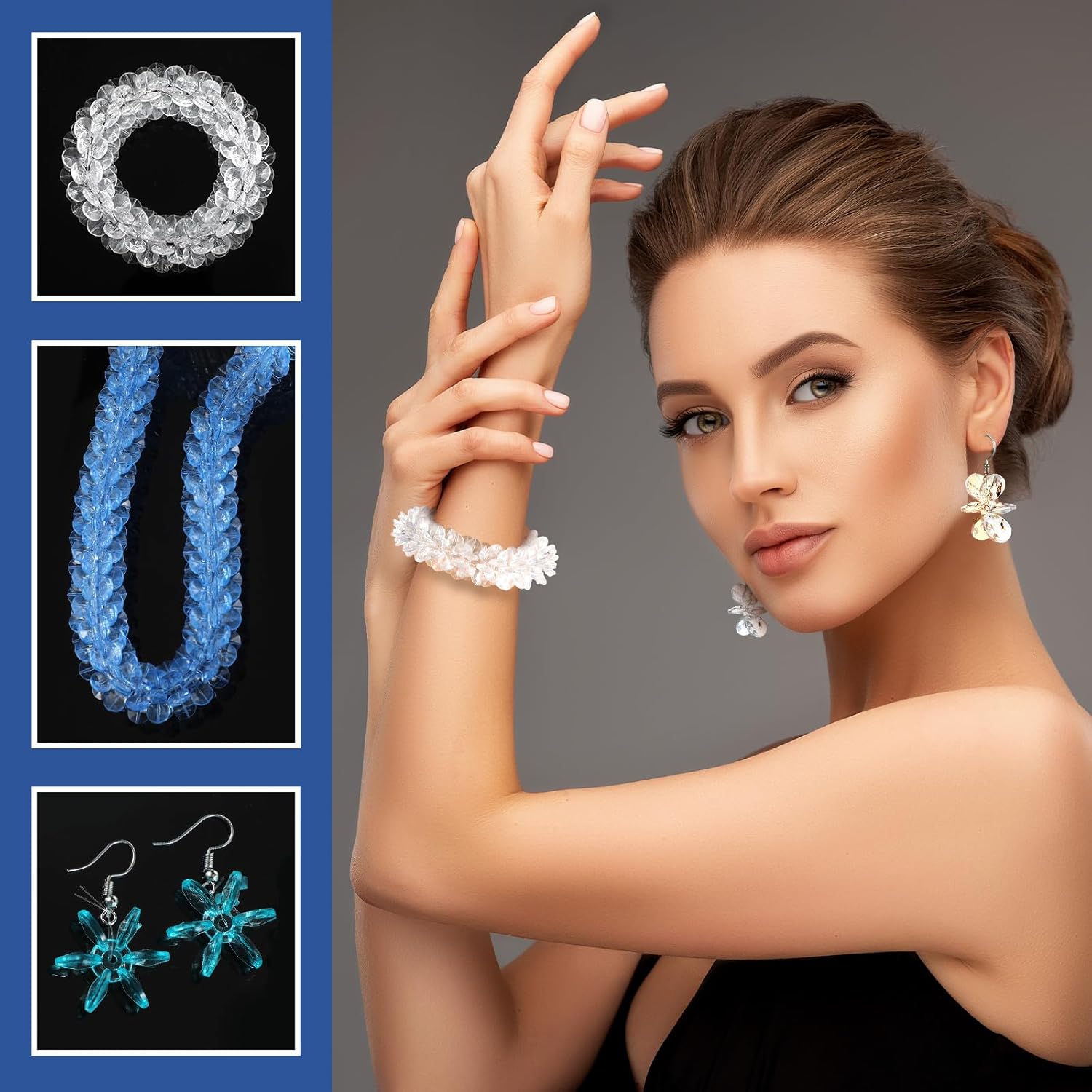 Jutom 600 Pcs Sunburst Beads Winter Clear Plastic Crystal Beads 25 Mm/ 18 Mm/ 12 mm Snowflake Designs for Wristband Necklace Jewelry Craft Making(Blue) - Image 6