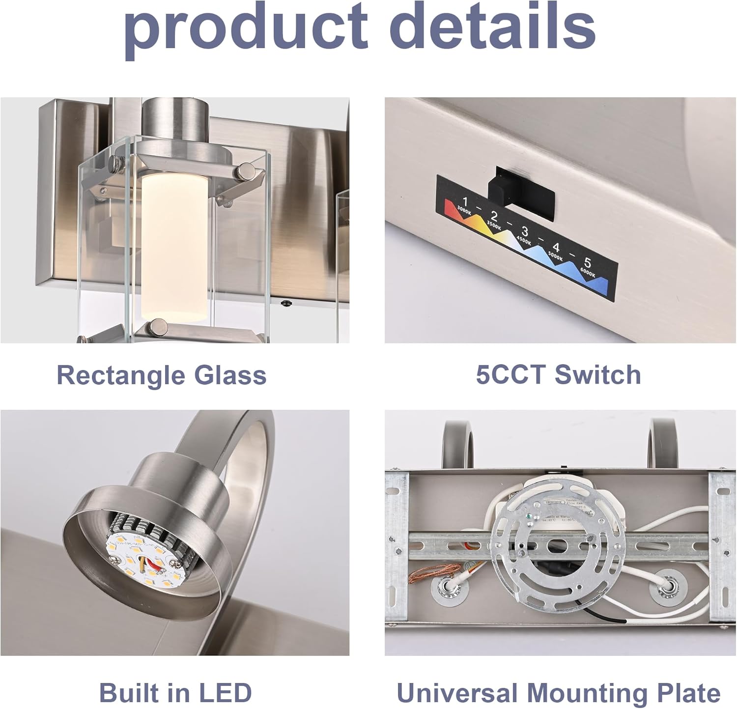 6-Light Brushed Nickel Vanity Light Fixtures, Modern LED Bathroom Wall Lights for Dressing Room, Integrated LED Chips with Frosted Column & Clear Square Glass Shades, Energy Saving Wall Sconce