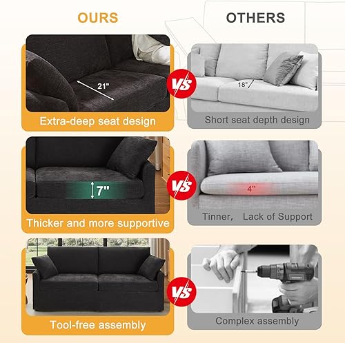 Miniatura 8 de Sofá de felpilla de 85 pulgadas para sala de estar, sofá de 3 plazas con 2 almohadas, sofás modernos sin herramientas, cómodo sofá biplaza de gran