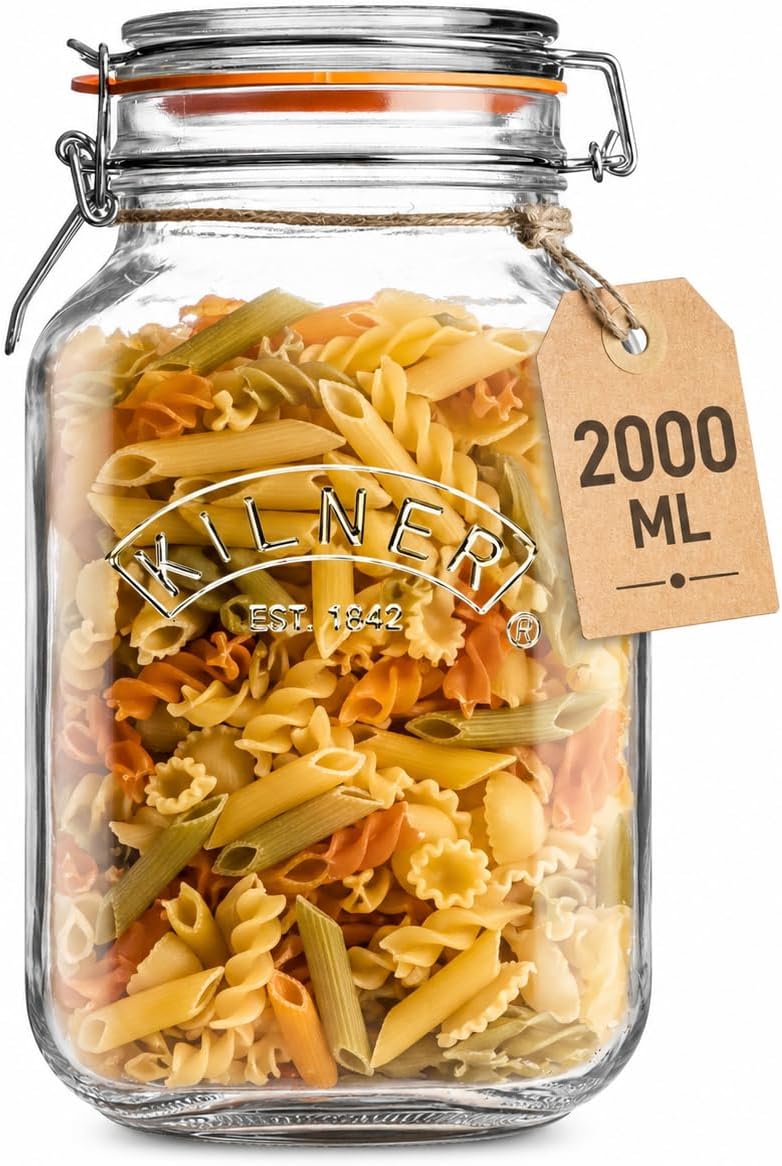 Kilner Premium 2L Airtight Square Clip Top Glass Jar for Food Storage, Biscuits, Cereals, Pulses | Multipurpose, BPA Free, Reusable Kitchen Container