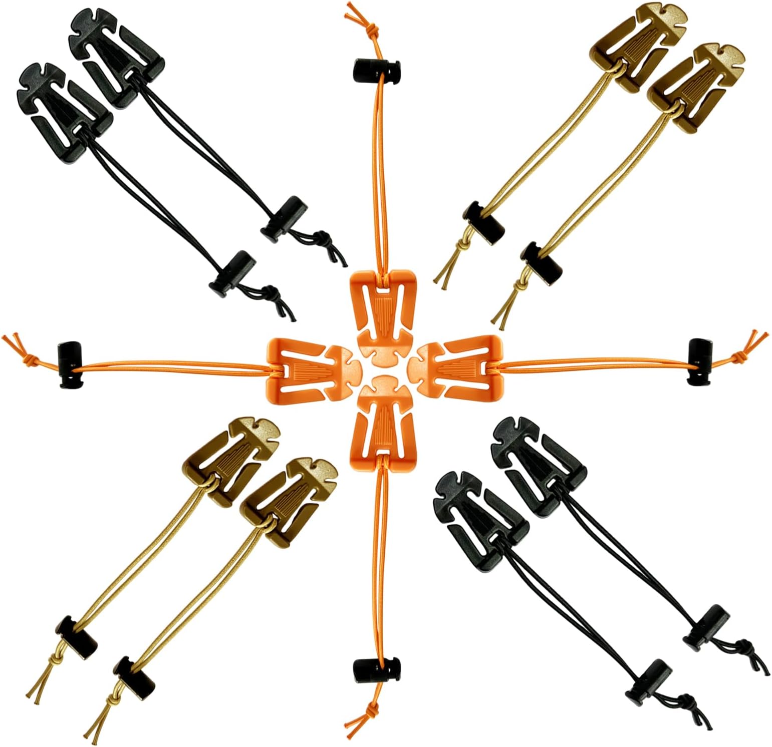 Molle Clips, Molle Attachments 12Pcs - Tactical Gear Clips with Elastic Rope, Web Dominators for Backpack Straps Management, Hydration Tube, Outdoor Sports Accessories (Black, Khaki, Orange)