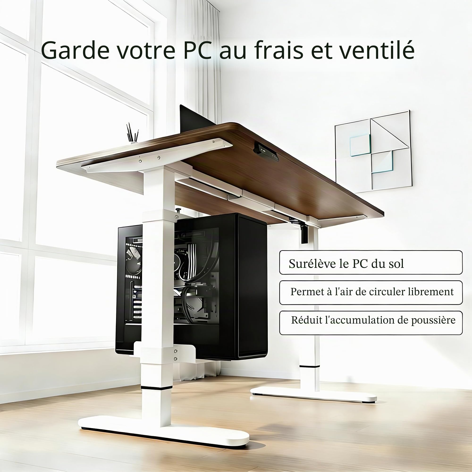 Mihawk Support PC réglable sous le bureau Sans perçage Support CPU pour bureaux réglables en hauteur Charge max 18 kg (40 lbs) Pour pieds de bureau 50 × 80 mm (blanc)